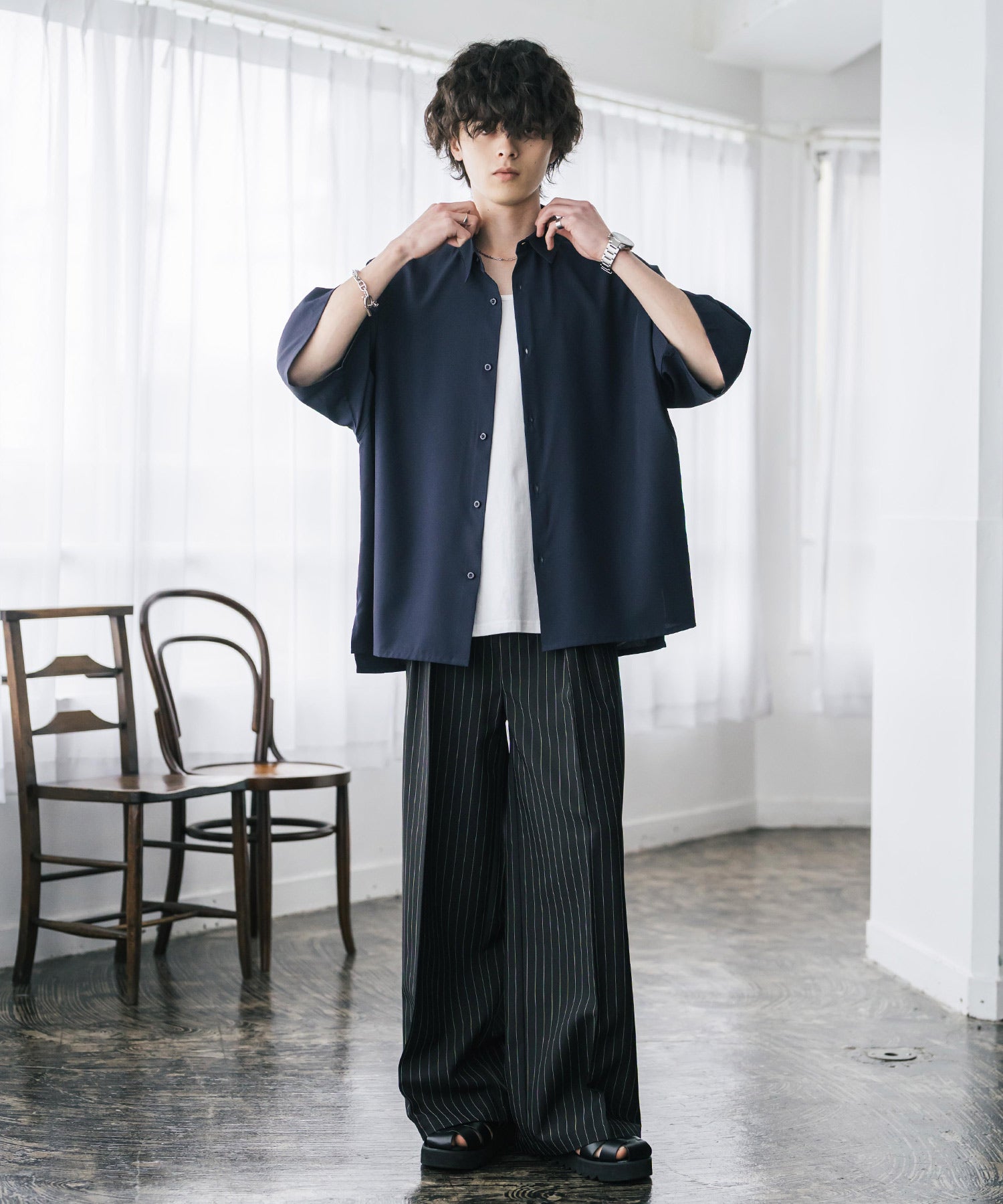 新色追加 接触冷感 オーバーサイズとろみビッグシルエットストレッチレギュラーカラー半袖シャツ 14208