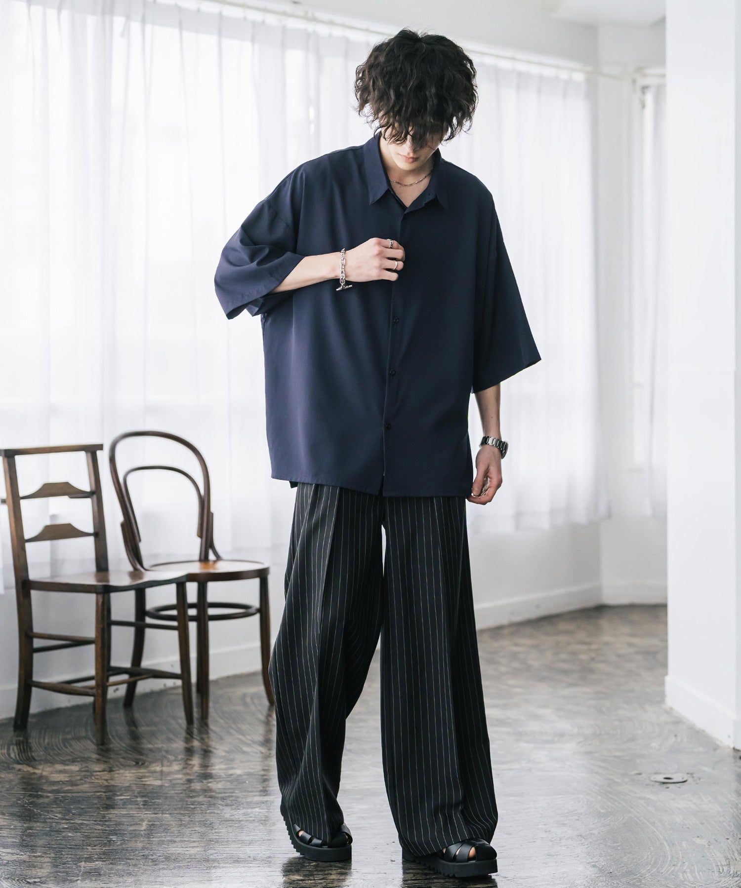 新色追加 接触冷感 オーバーサイズとろみビッグシルエットストレッチレギュラーカラー半袖シャツ 14208