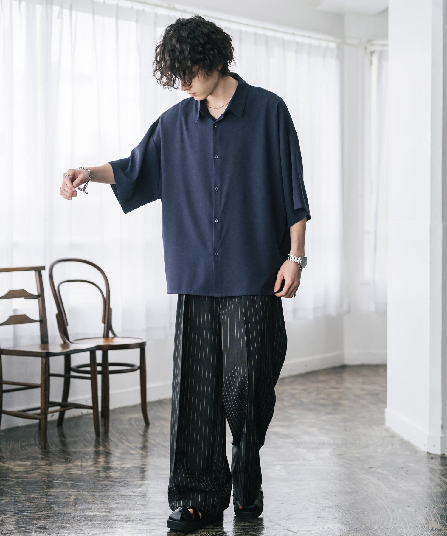 新色追加 接触冷感 オーバーサイズとろみビッグシルエットストレッチレギュラーカラー半袖シャツ 14208