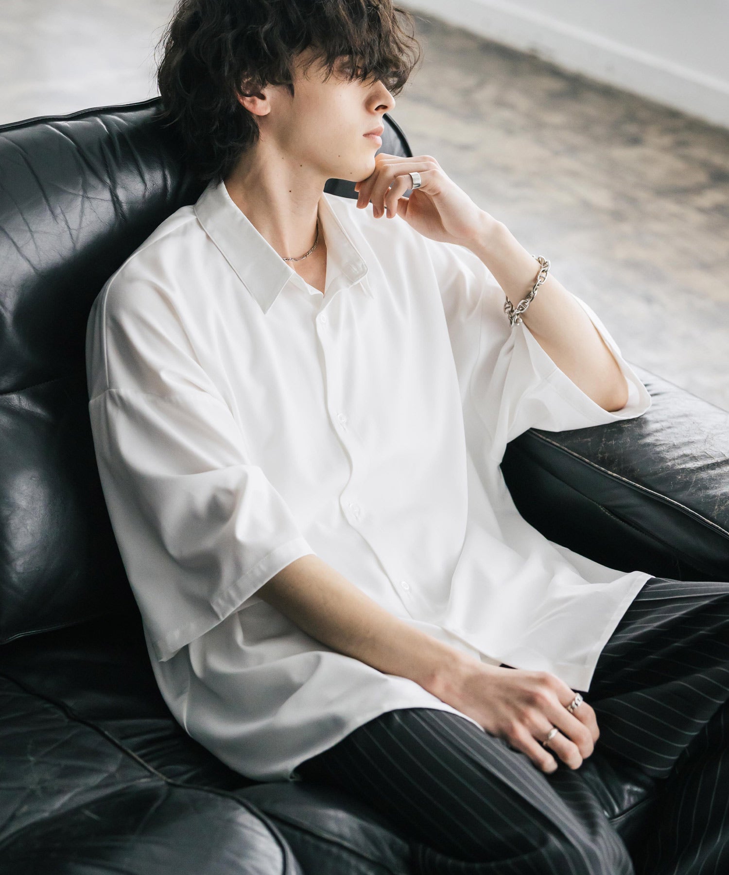 新色追加 接触冷感 オーバーサイズとろみビッグシルエットストレッチレギュラーカラー半袖シャツ 14208