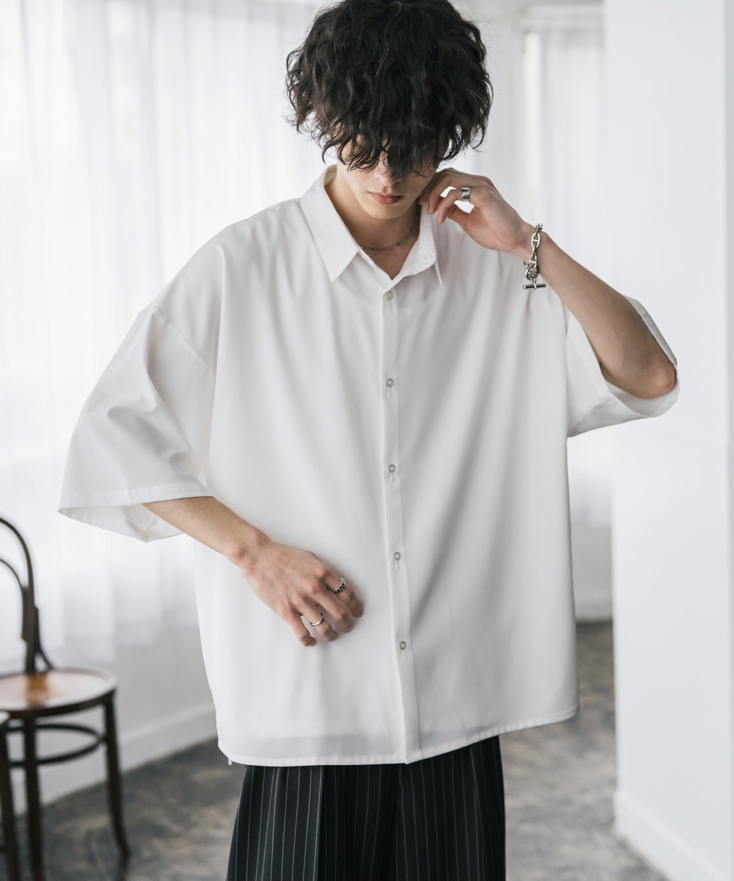 新色追加 接触冷感 オーバーサイズとろみビッグシルエットストレッチレギュラーカラー半袖シャツ 14208