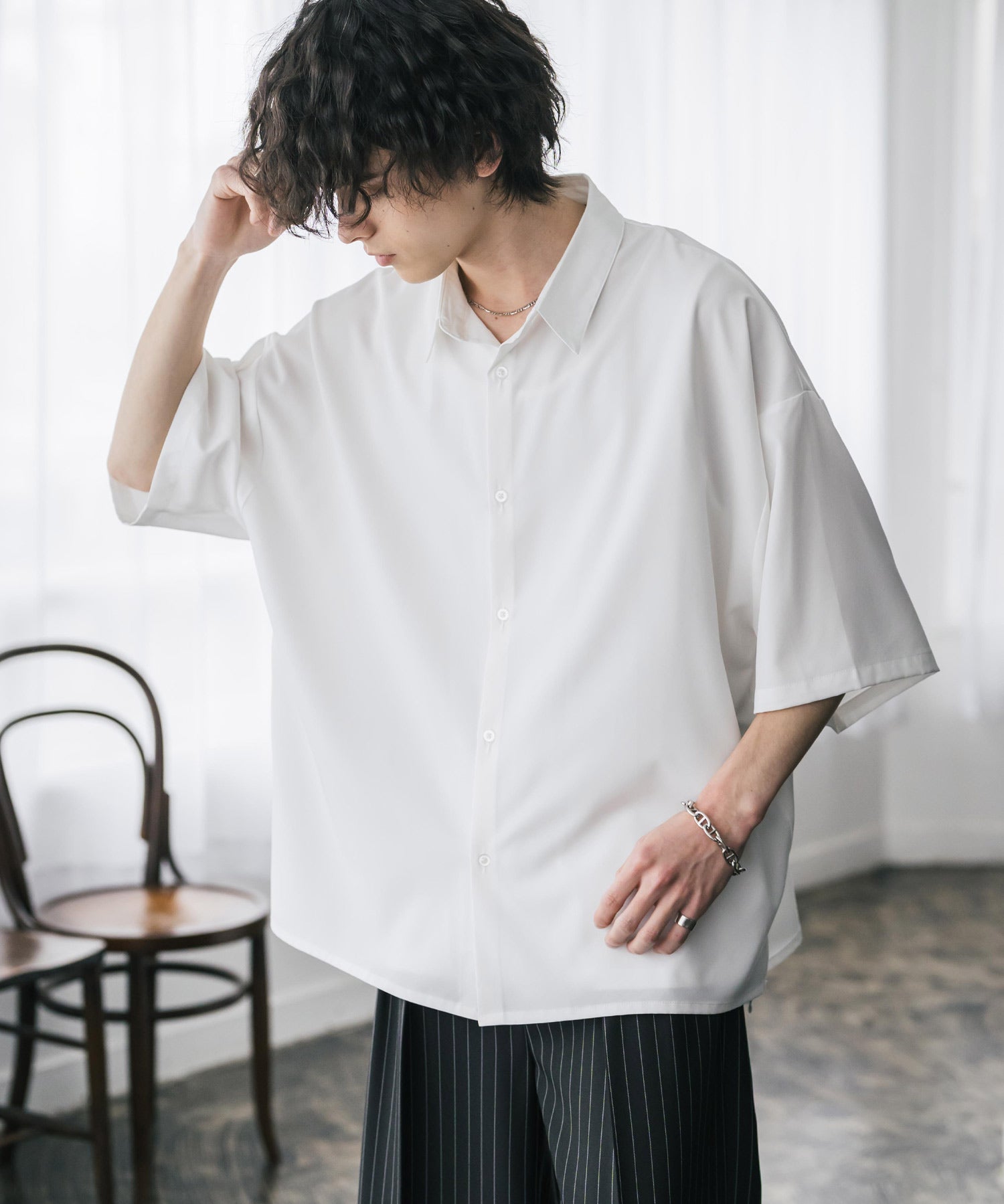 新色追加 接触冷感 オーバーサイズとろみビッグシルエットストレッチレギュラーカラー半袖シャツ 14208