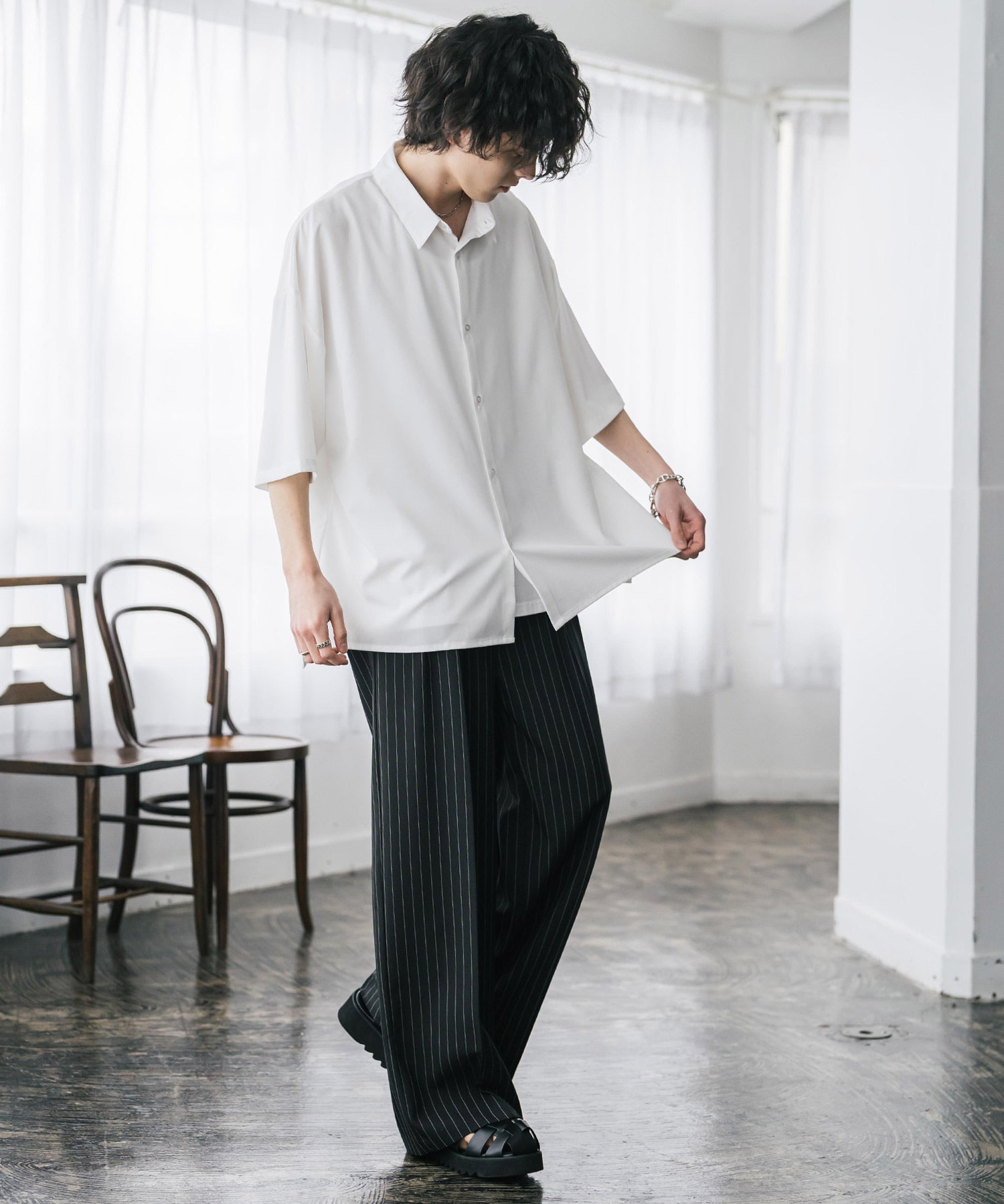 新色追加 接触冷感 オーバーサイズとろみビッグシルエットストレッチレギュラーカラー半袖シャツ 14208