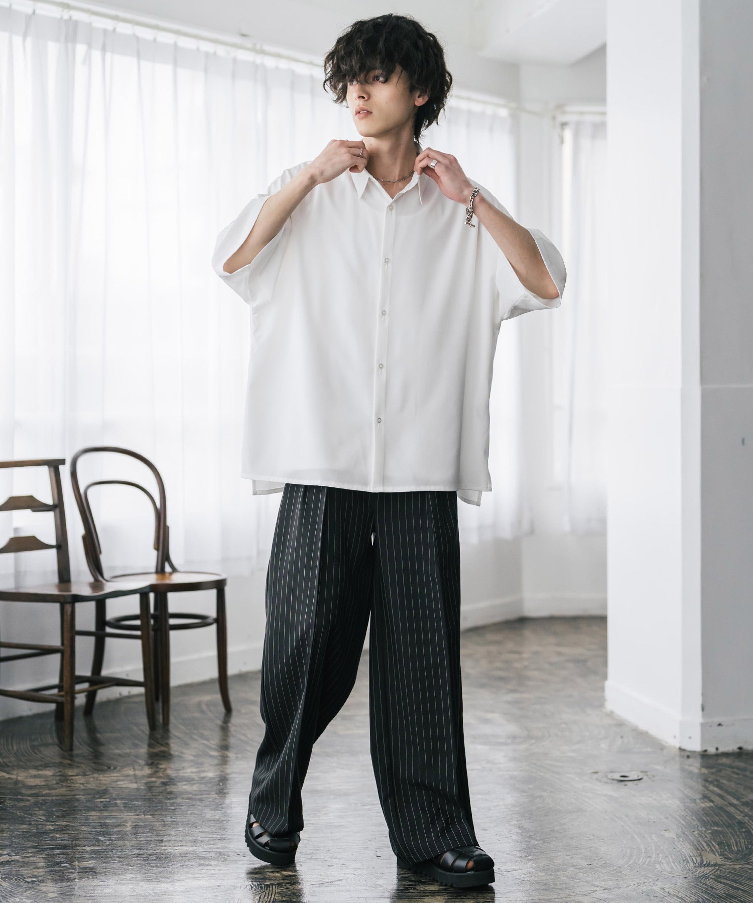 新色追加 接触冷感 オーバーサイズとろみビッグシルエットストレッチレギュラーカラー半袖シャツ 14208