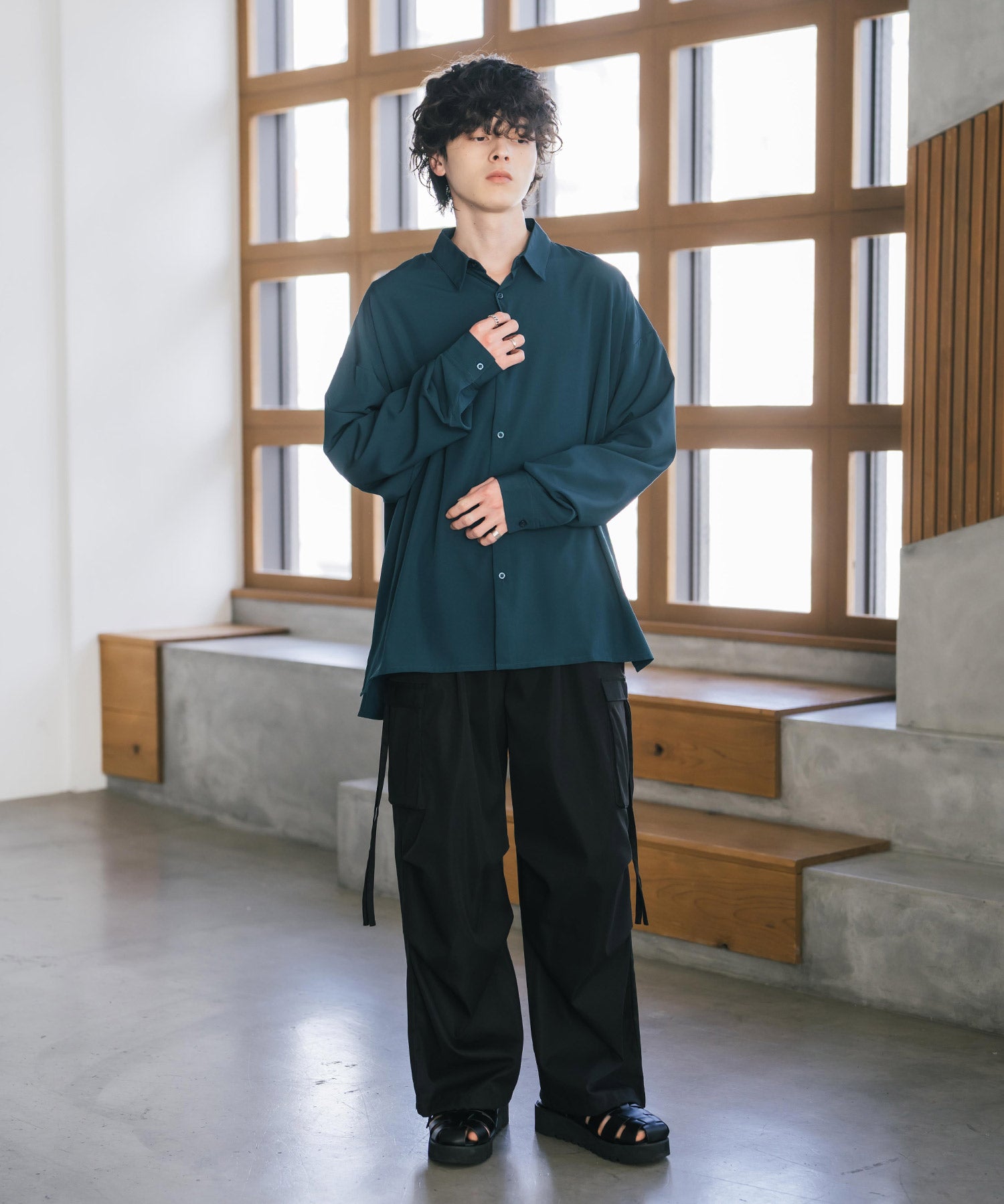 新色追加 接触冷感 オーバーサイズとろみストレッチレギュラーカラー長袖シャツ 14209