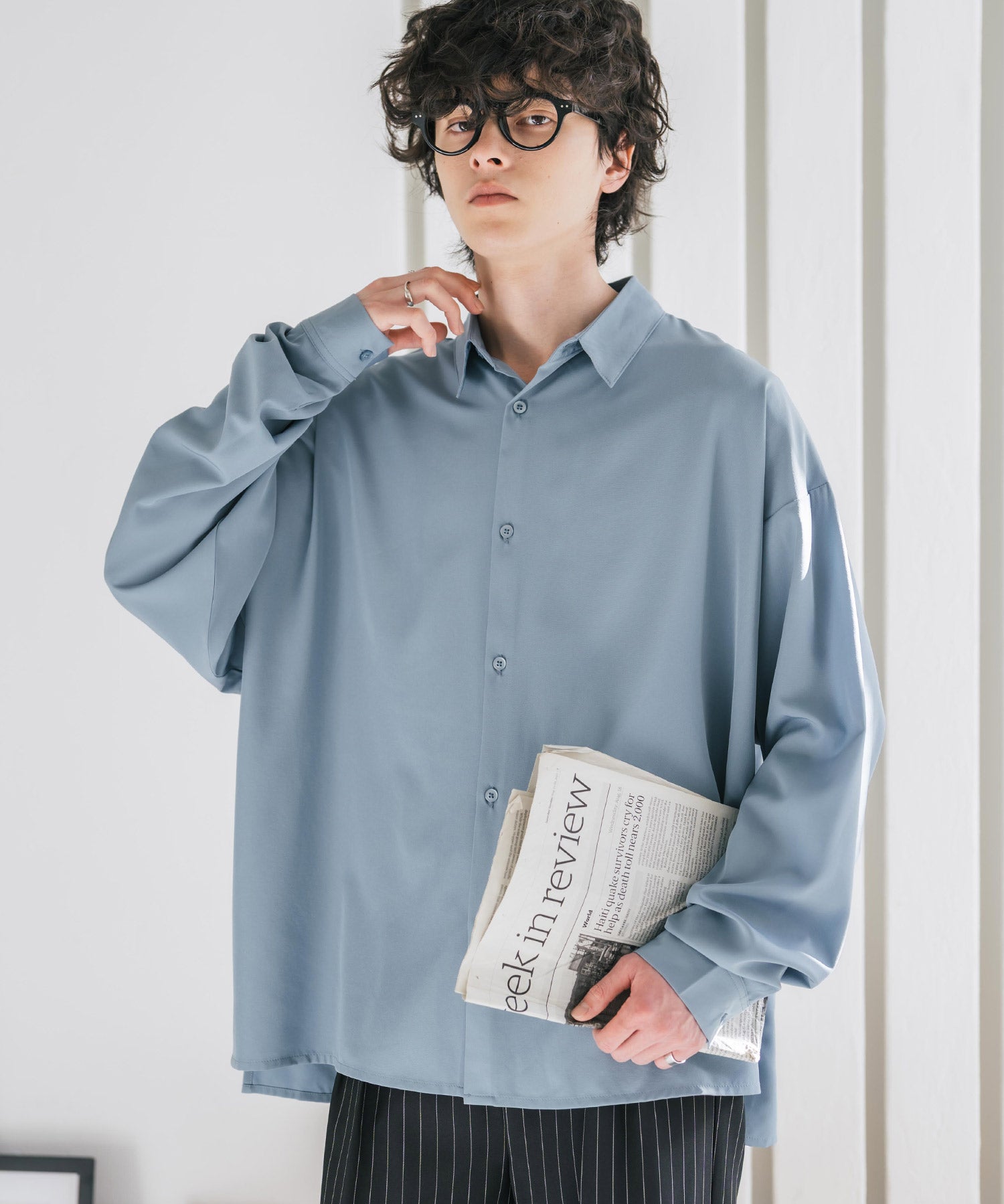 新色追加 接触冷感 オーバーサイズとろみストレッチレギュラーカラー長袖シャツ 14209