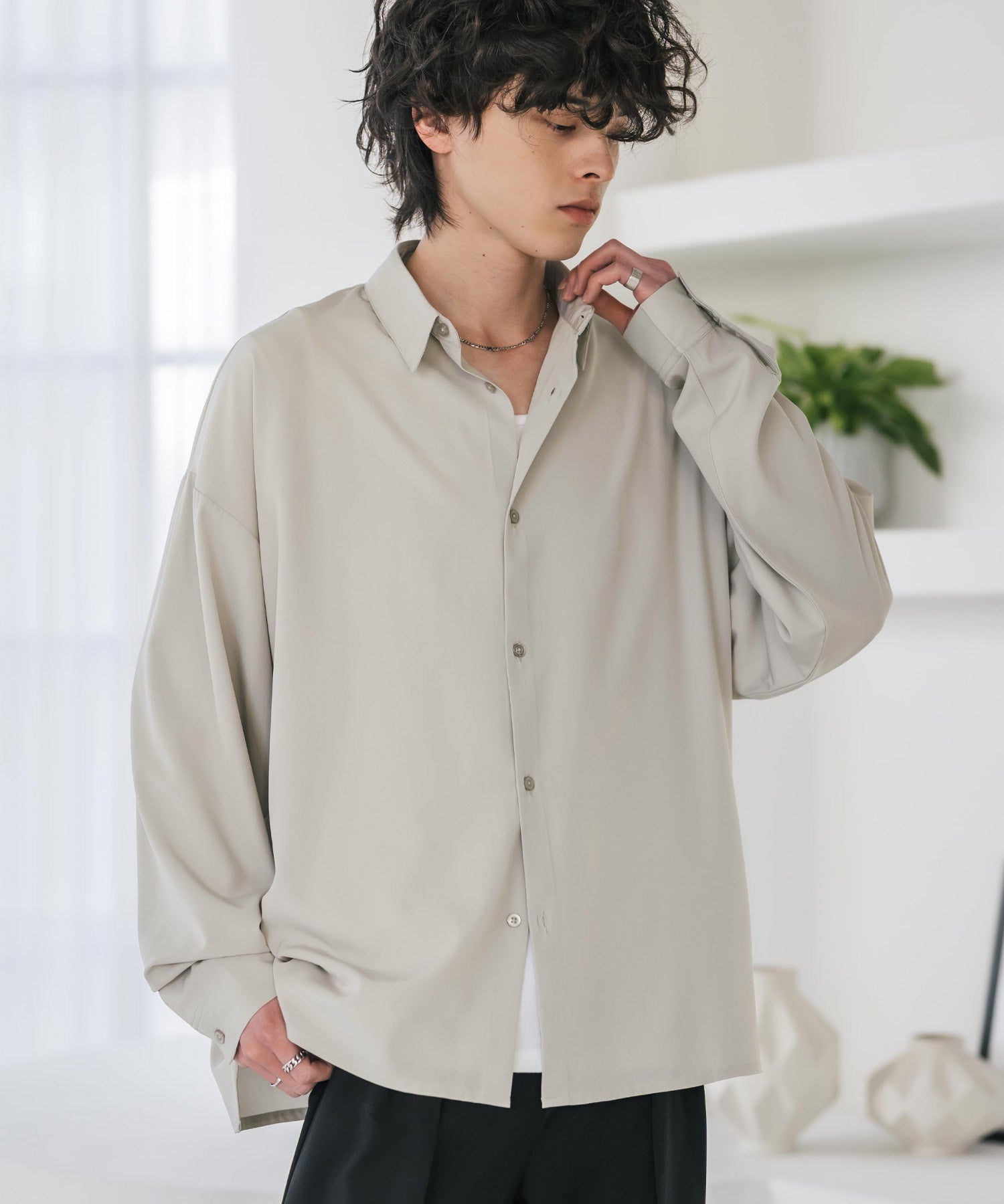 新色追加 接触冷感 オーバーサイズとろみストレッチレギュラーカラー長袖シャツ 14209