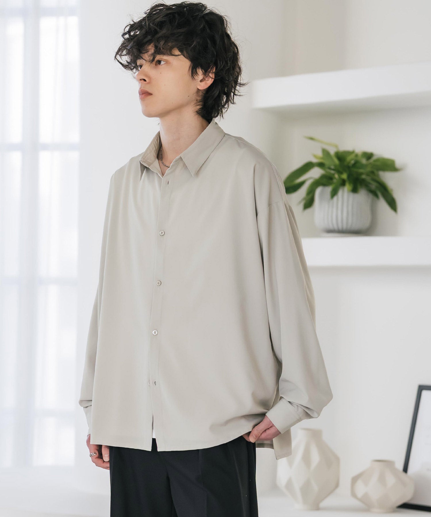 新色追加 接触冷感 オーバーサイズとろみストレッチレギュラーカラー長袖シャツ 14209