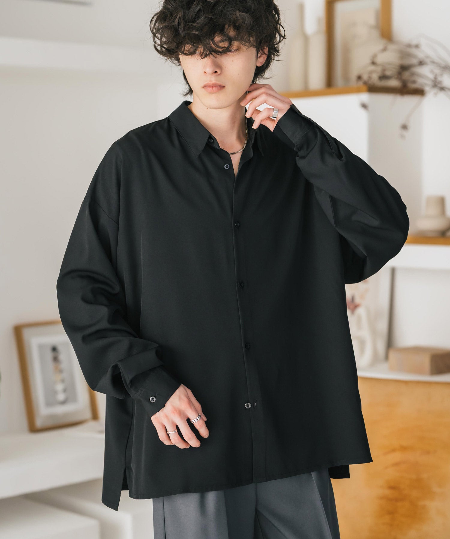 新色追加 接触冷感 オーバーサイズとろみストレッチレギュラーカラー長袖シャツ 14209