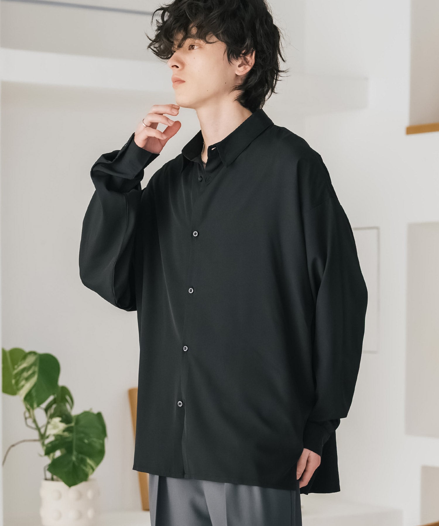 新色追加 接触冷感 オーバーサイズとろみストレッチレギュラーカラー長袖シャツ 14209