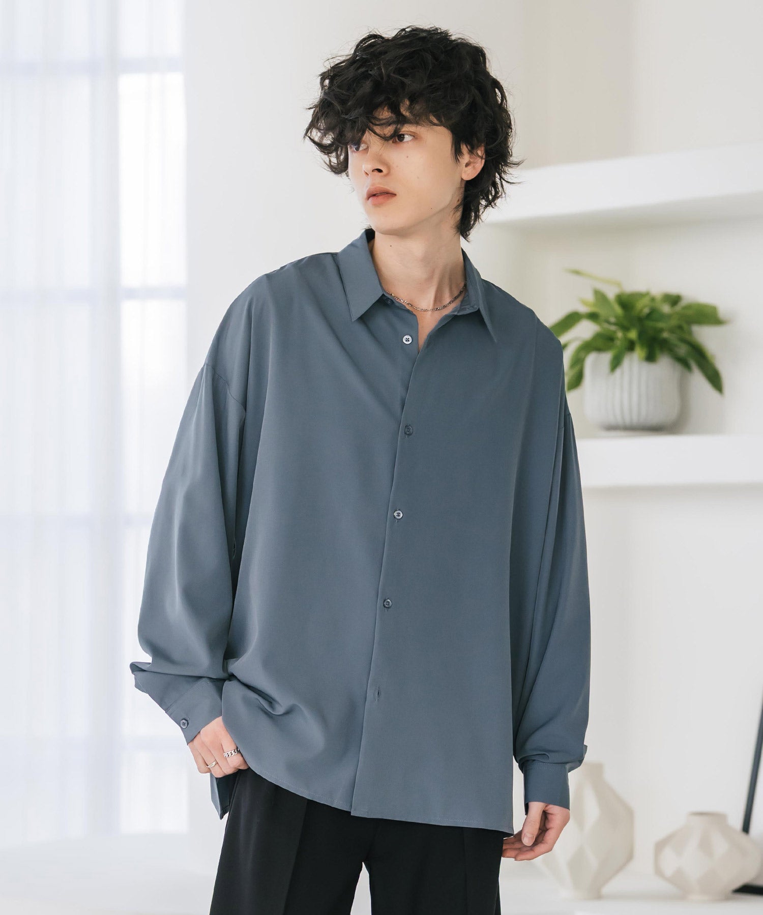 新色追加 接触冷感 オーバーサイズとろみストレッチレギュラーカラー長袖シャツ 14209