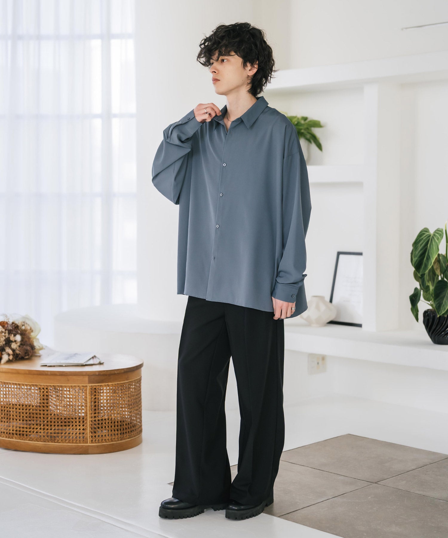 新色追加 接触冷感 オーバーサイズとろみストレッチレギュラーカラー長袖シャツ 14209