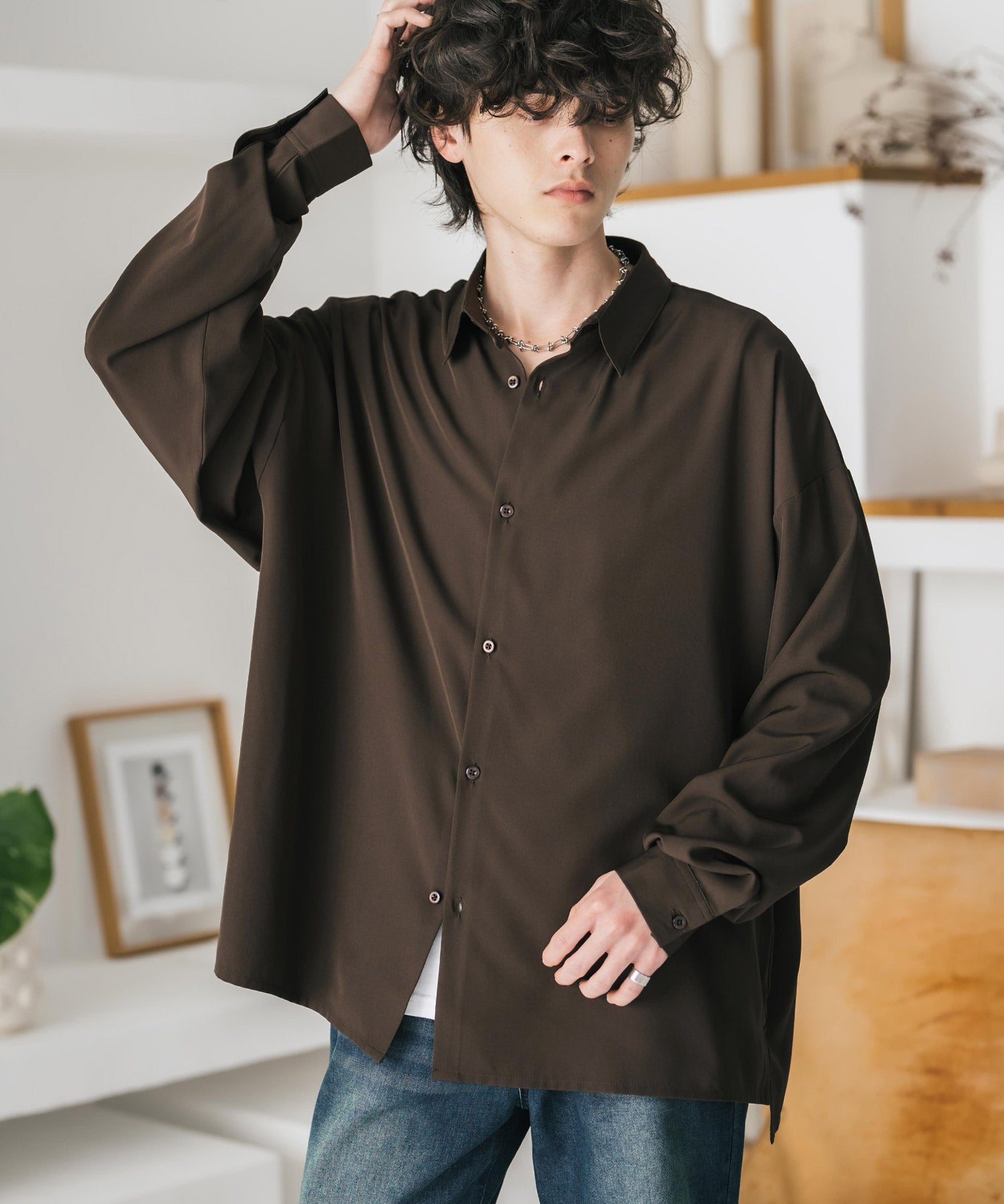 新色追加 接触冷感 オーバーサイズとろみストレッチレギュラーカラー長袖シャツ 14209