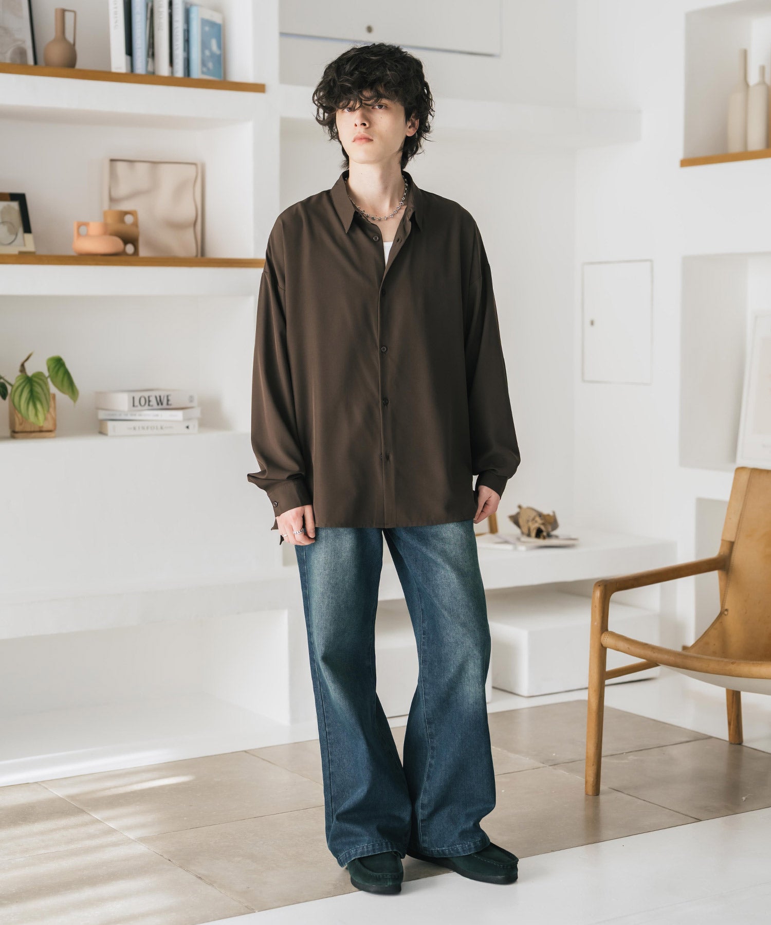 新色追加 接触冷感 オーバーサイズとろみストレッチレギュラーカラー長袖シャツ 14209