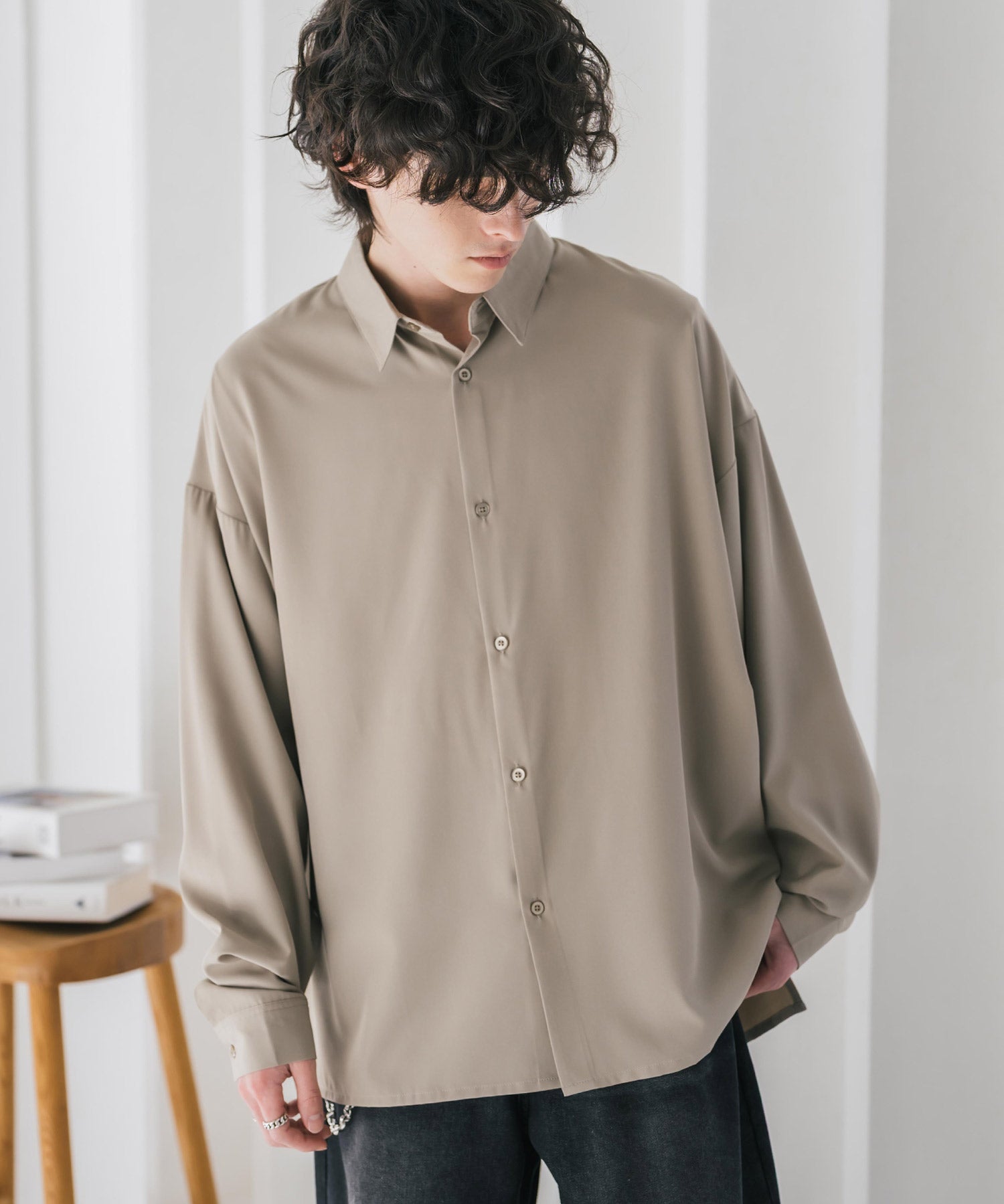 新色追加 接触冷感 オーバーサイズとろみストレッチレギュラーカラー長袖シャツ 14209