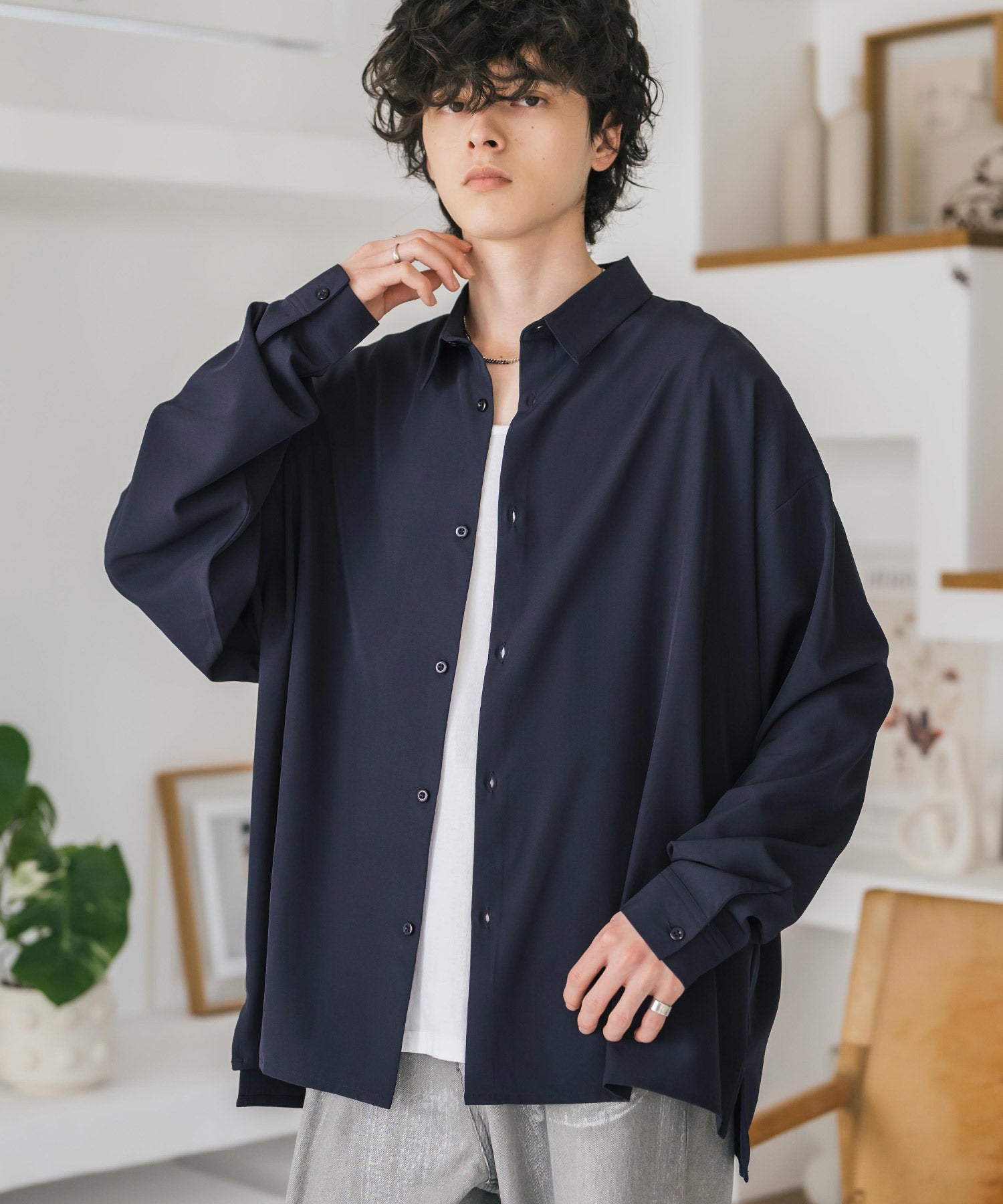 新色追加 接触冷感 オーバーサイズとろみストレッチレギュラーカラー長袖シャツ 14209