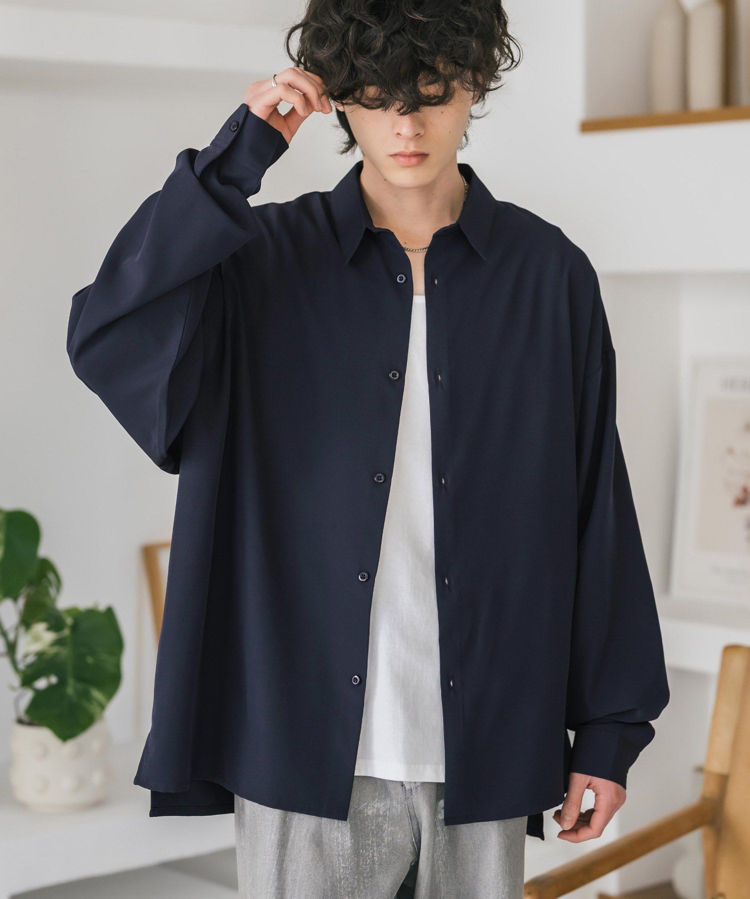 新色追加 接触冷感 オーバーサイズとろみストレッチレギュラーカラー長袖シャツ 14209