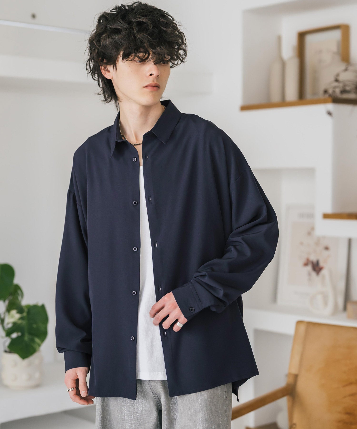 新色追加 接触冷感 オーバーサイズとろみストレッチレギュラーカラー長袖シャツ 14209