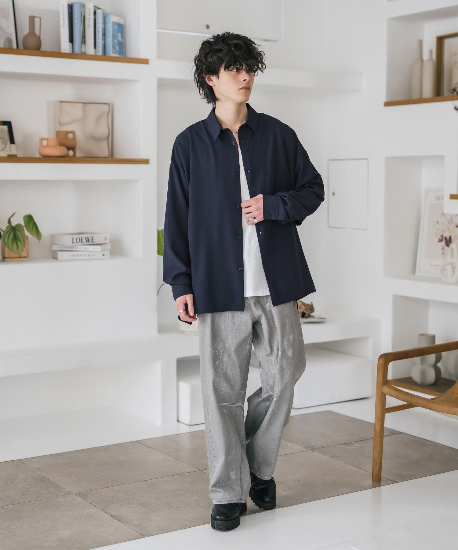 新色追加 接触冷感 オーバーサイズとろみストレッチレギュラーカラー長袖シャツ 14209