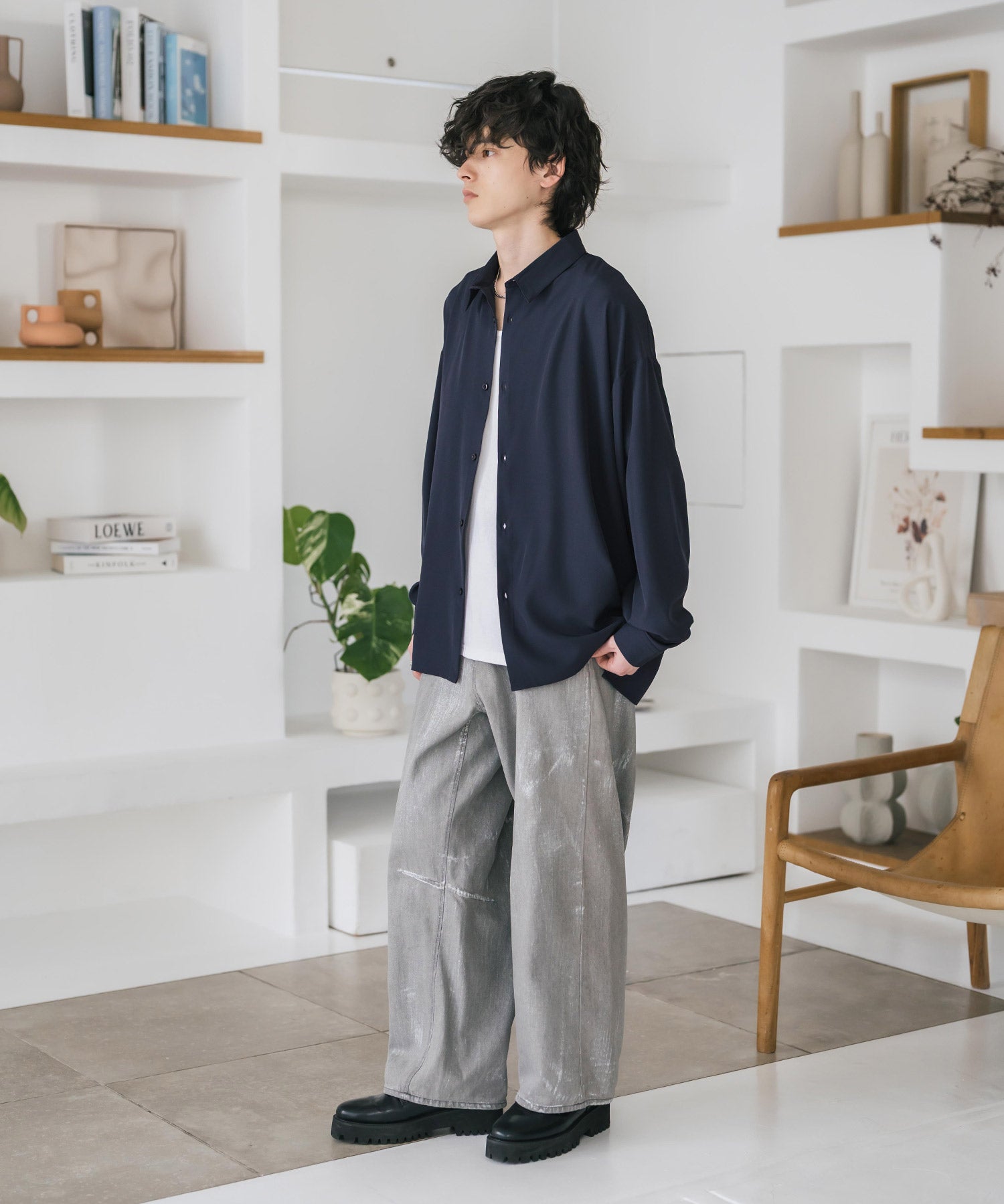 新色追加 接触冷感 オーバーサイズとろみストレッチレギュラーカラー長袖シャツ 14209