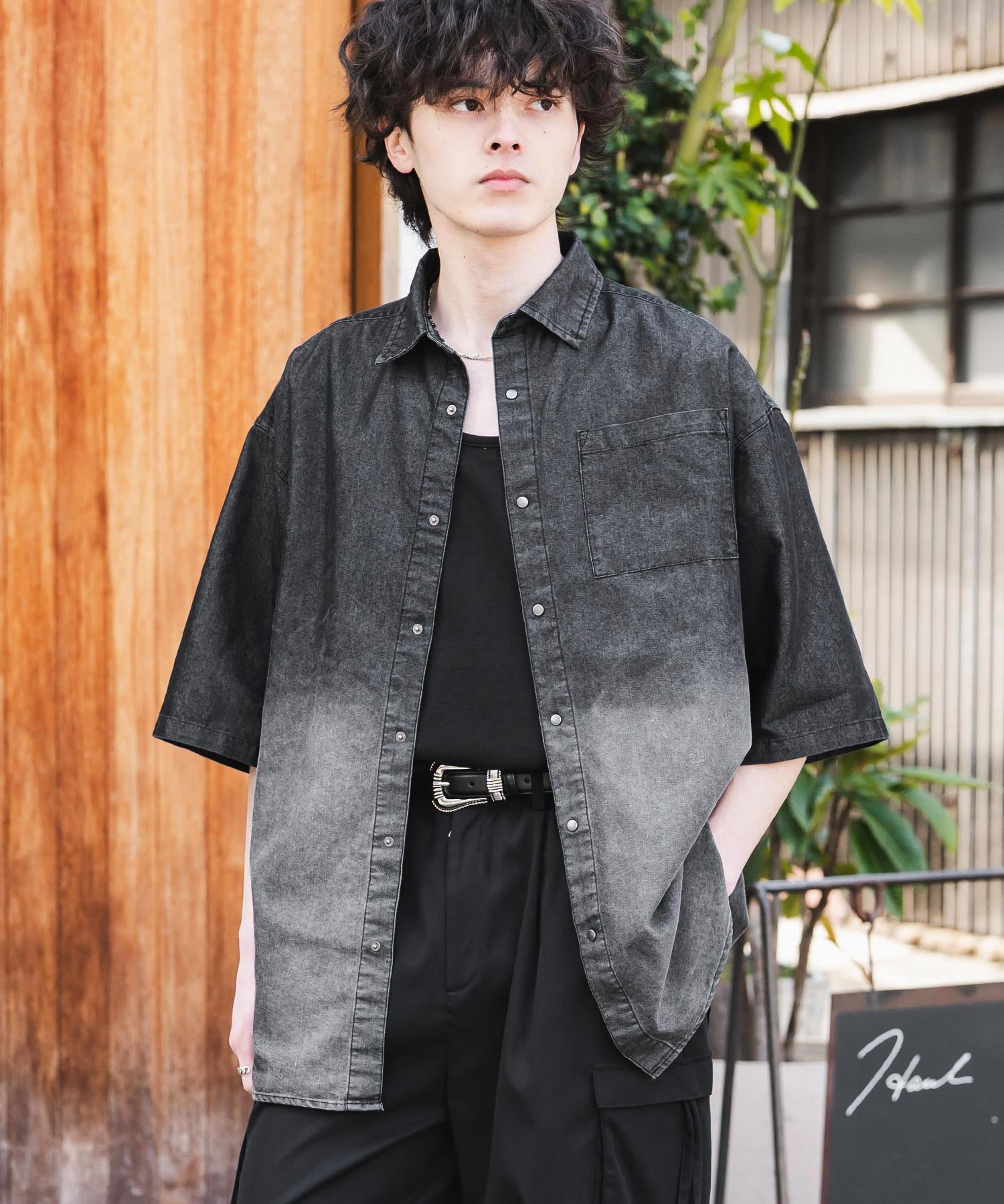 新色追加 オーバーサイズユーズドケミカルウォッシュ加工半袖デニムシャツ 14273