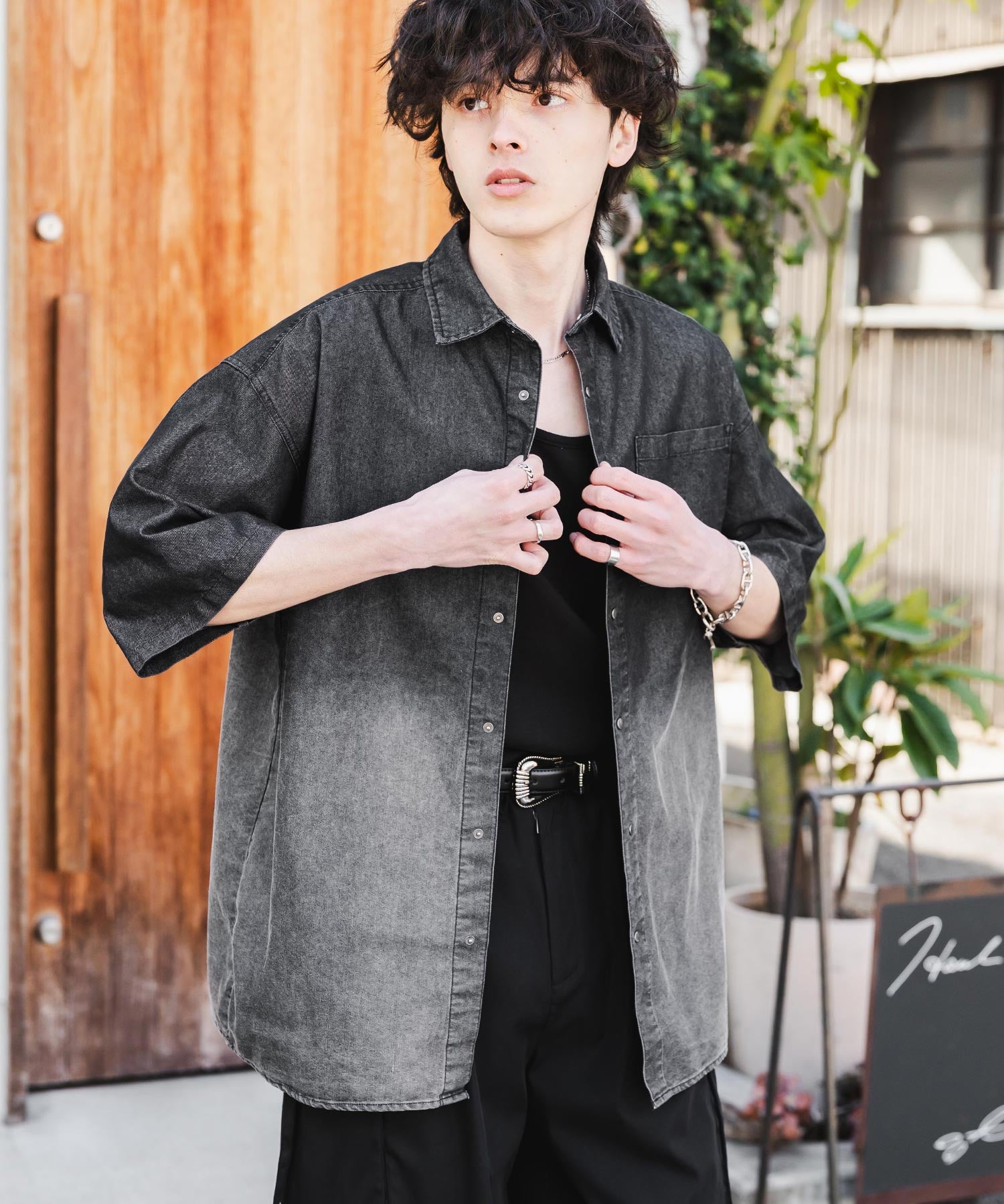 新色追加 オーバーサイズユーズドケミカルウォッシュ加工半袖デニムシャツ 14273