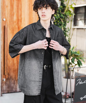 新色追加 オーバーサイズユーズドケミカルウォッシュ加工半袖デニムシャツ 14273