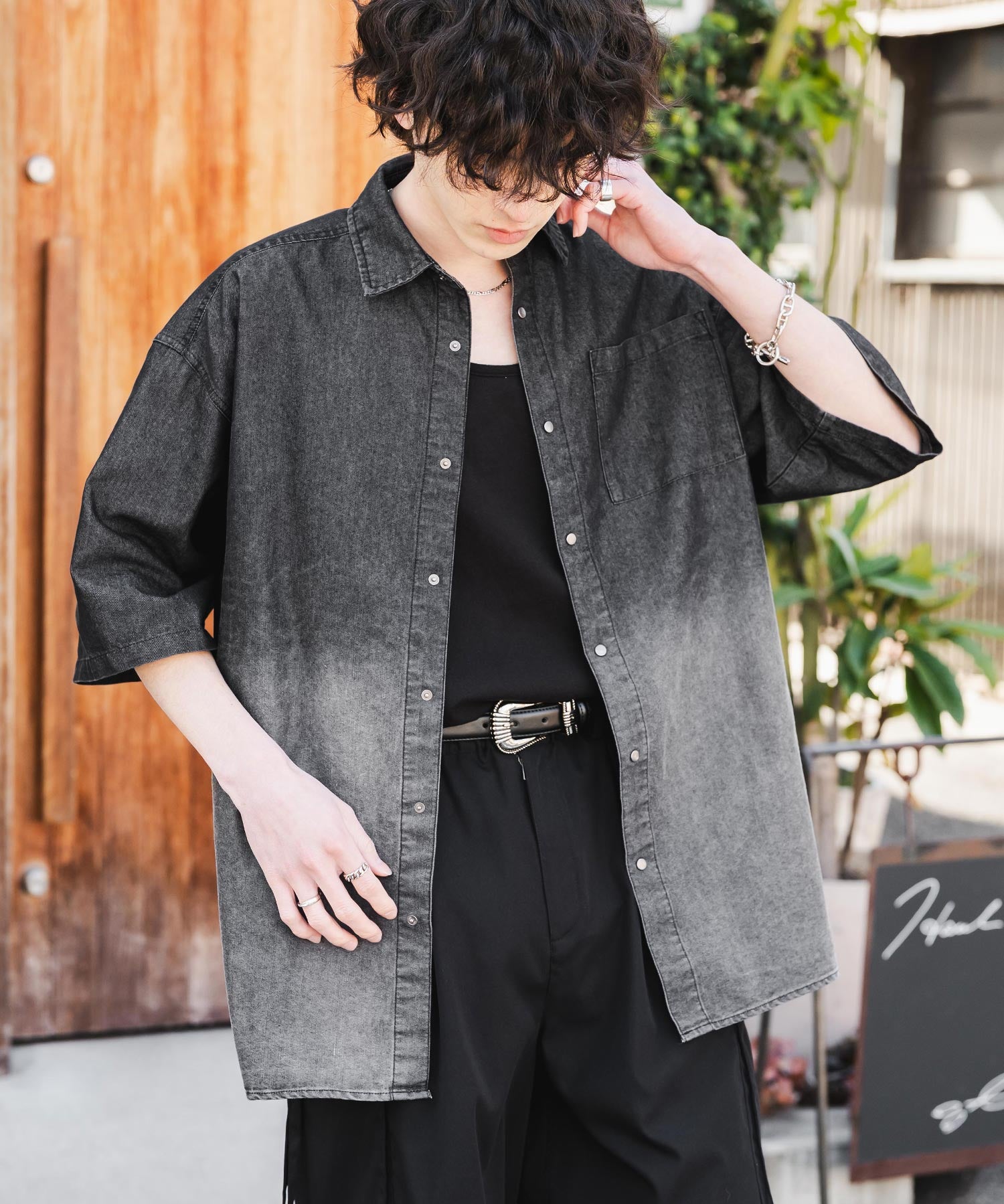 新色追加 オーバーサイズユーズドケミカルウォッシュ加工半袖デニムシャツ 14273