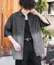 新色追加 オーバーサイズユーズドケミカルウォッシュ加工半袖デニムシャツ 14273