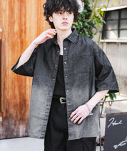 新色追加 オーバーサイズユーズドケミカルウォッシュ加工半袖デニムシャツ 14273