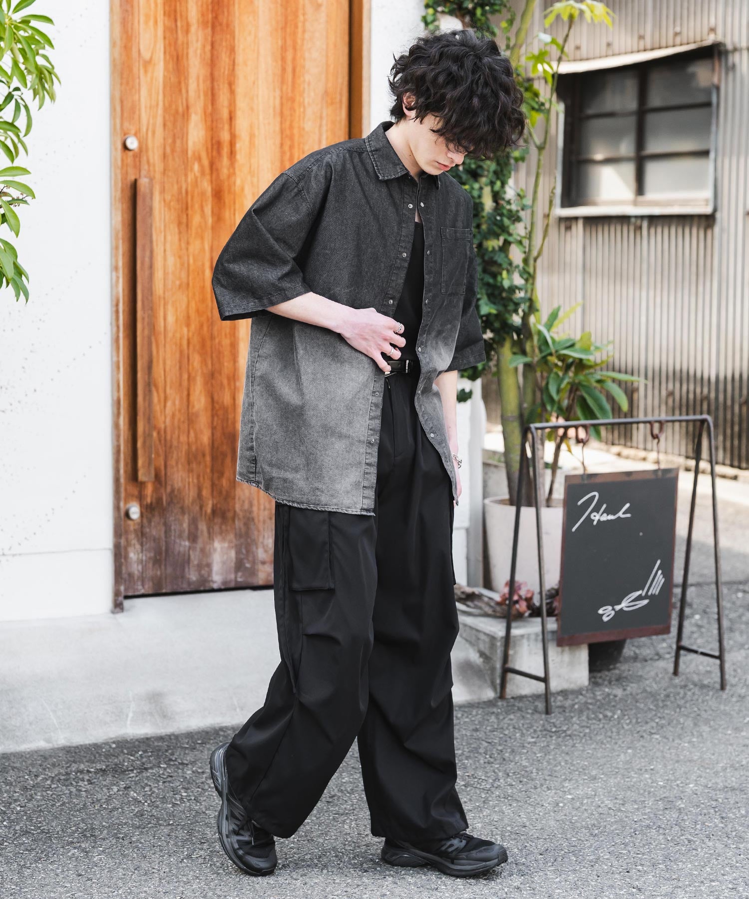 新色追加 オーバーサイズユーズドケミカルウォッシュ加工半袖デニムシャツ 14273