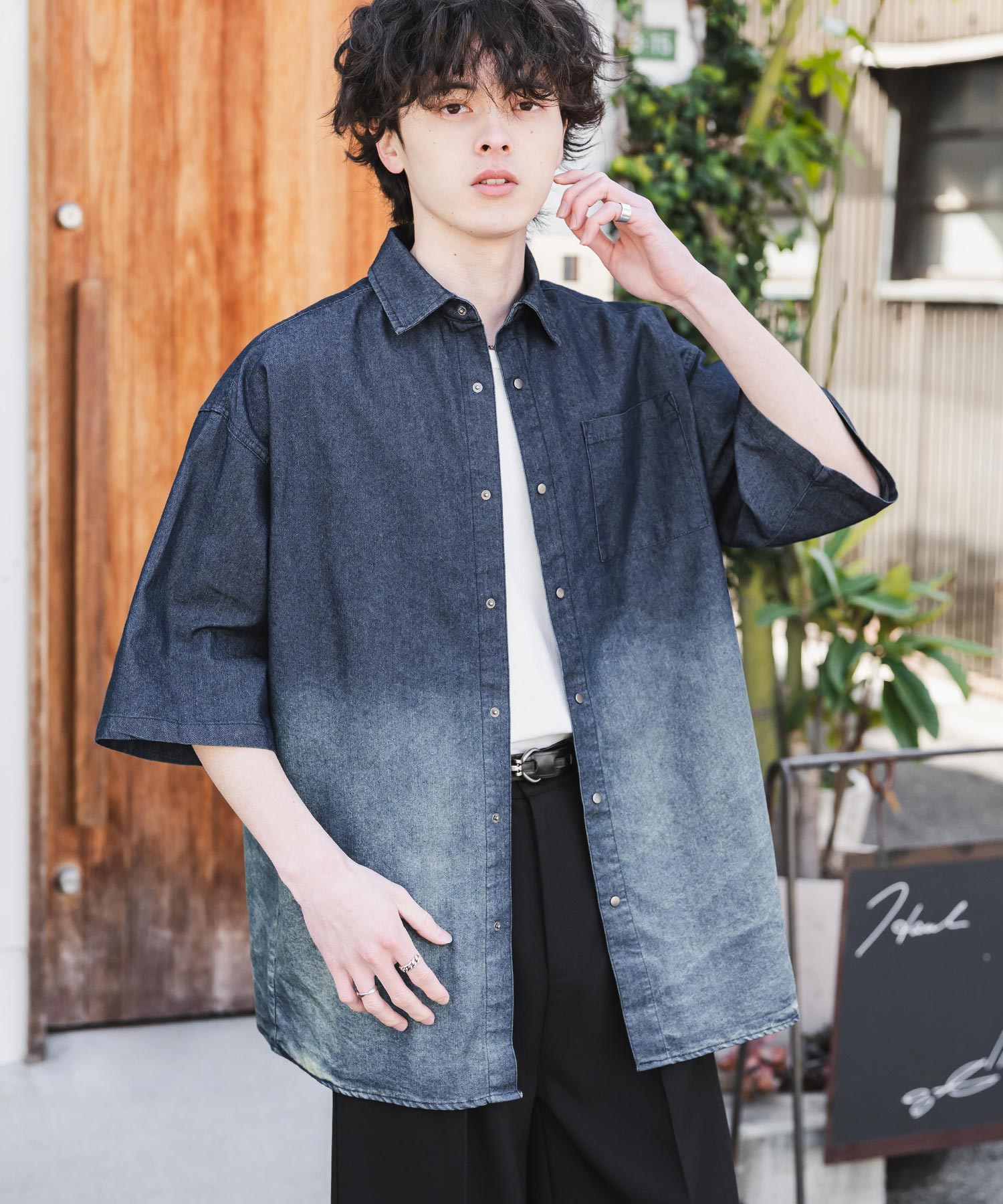 新色追加 オーバーサイズユーズドケミカルウォッシュ加工半袖デニムシャツ 14273