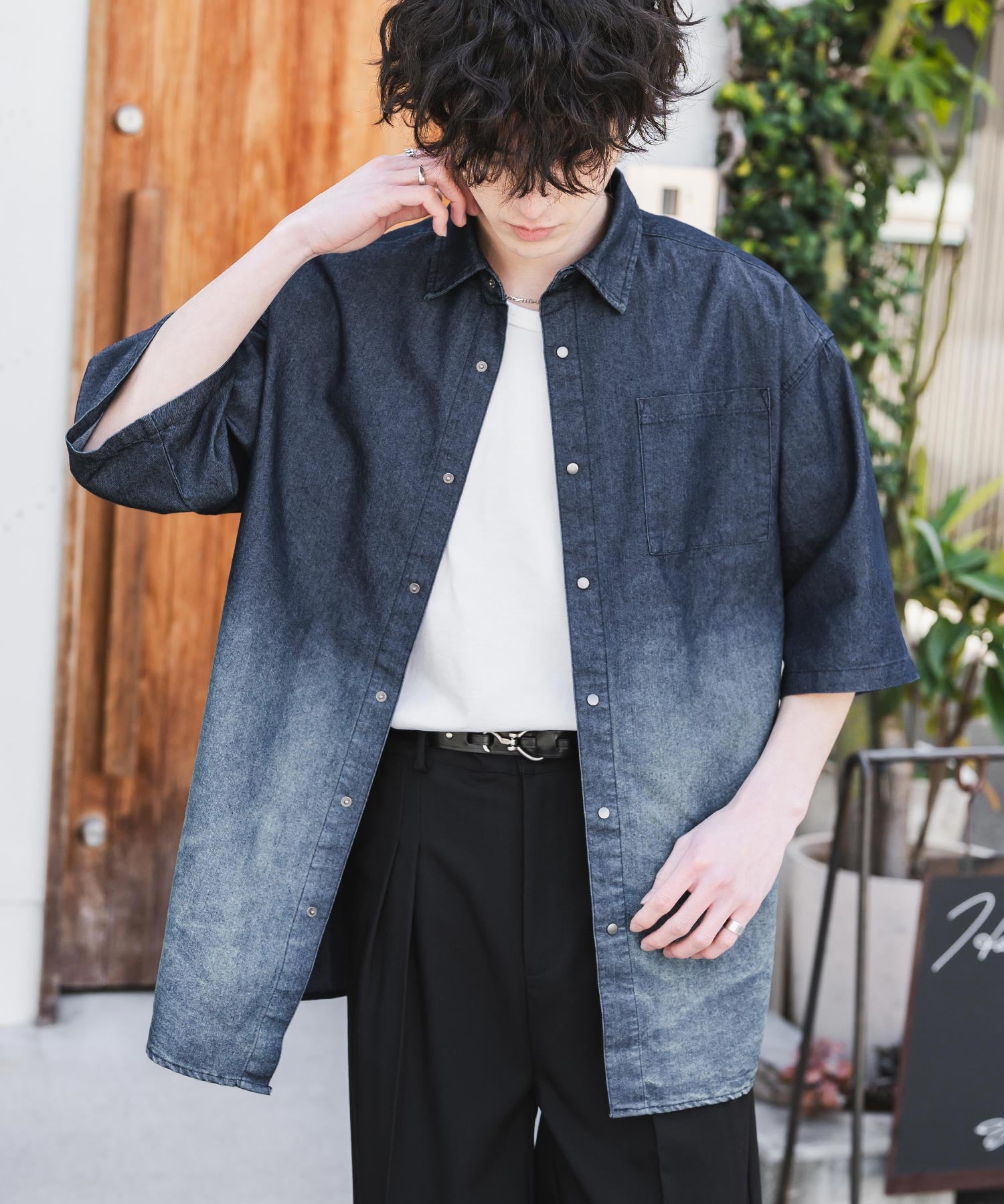 新色追加 オーバーサイズユーズドケミカルウォッシュ加工半袖デニムシャツ 14273