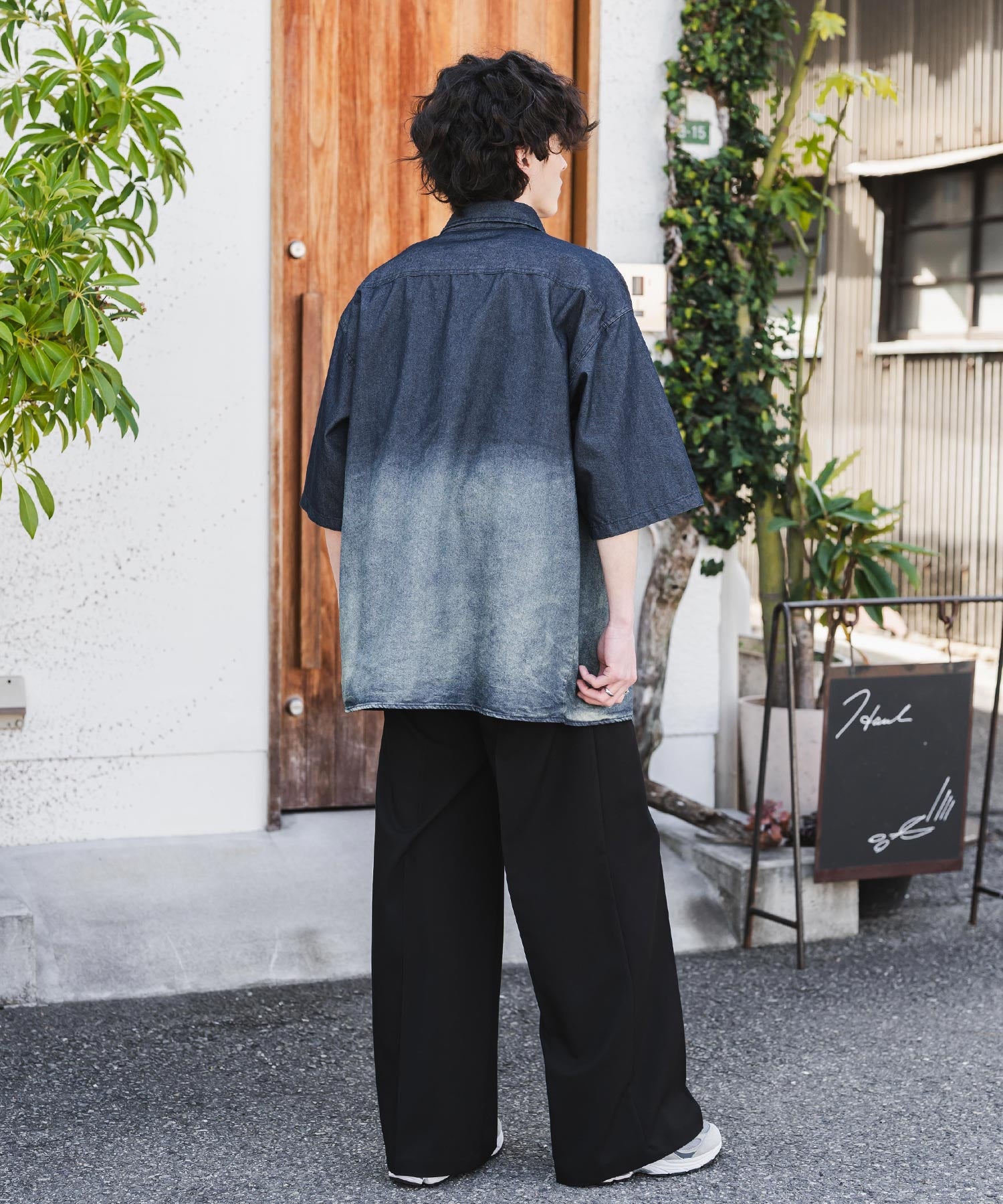 新色追加 オーバーサイズユーズドケミカルウォッシュ加工半袖デニムシャツ 14273