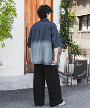 新色追加 オーバーサイズユーズドケミカルウォッシュ加工半袖デニムシャツ 14273