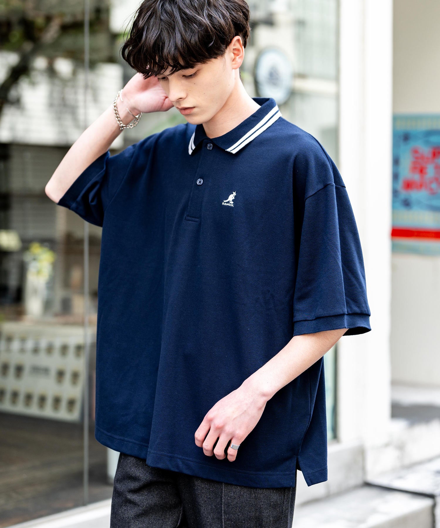 KANGOL カンゴール 別注コラボ 鹿の子クレリック/ラインリブ/ワンポイント刺繍オーバーサイズ半袖ポロシャツ