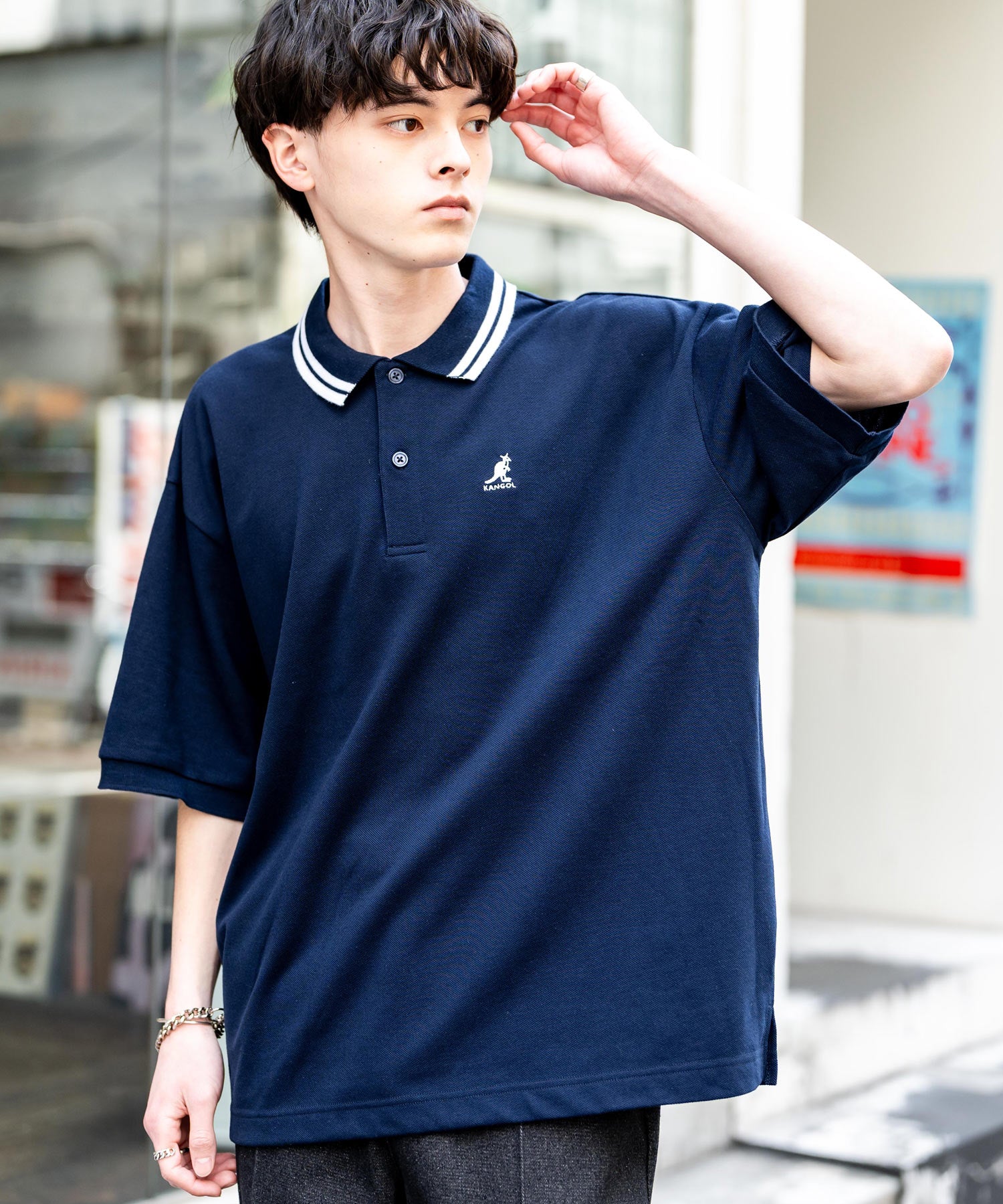 KANGOL カンゴール 別注コラボ 鹿の子クレリック/ラインリブ/ワンポイント刺繍オーバーサイズ半袖ポロシャツ