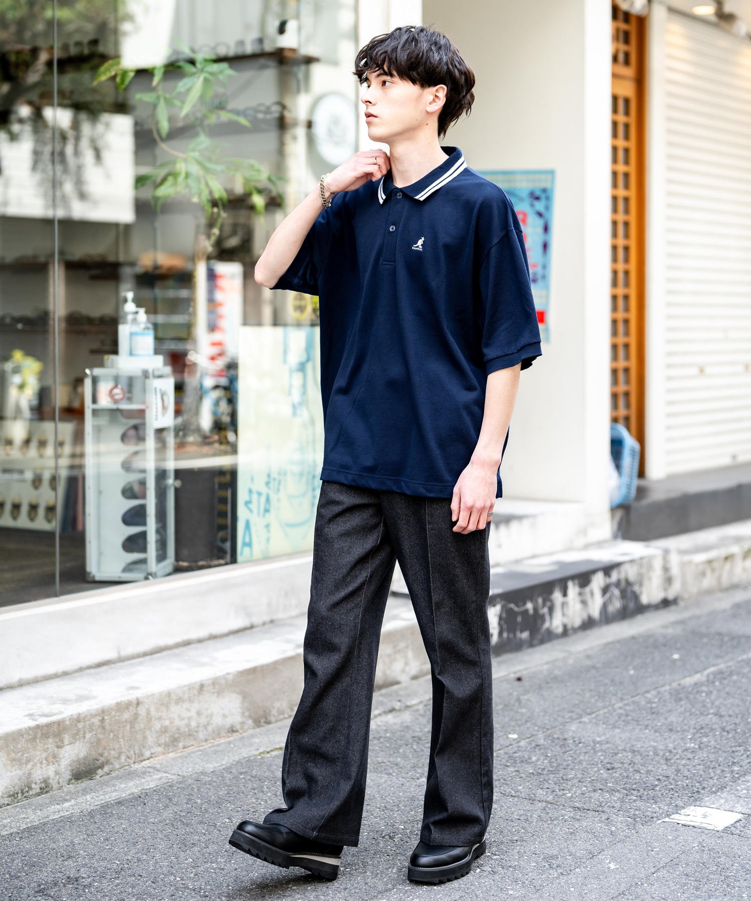 KANGOL カンゴール 別注コラボ 鹿の子クレリック/ラインリブ/ワンポイント刺繍オーバーサイズ半袖ポロシャツ
