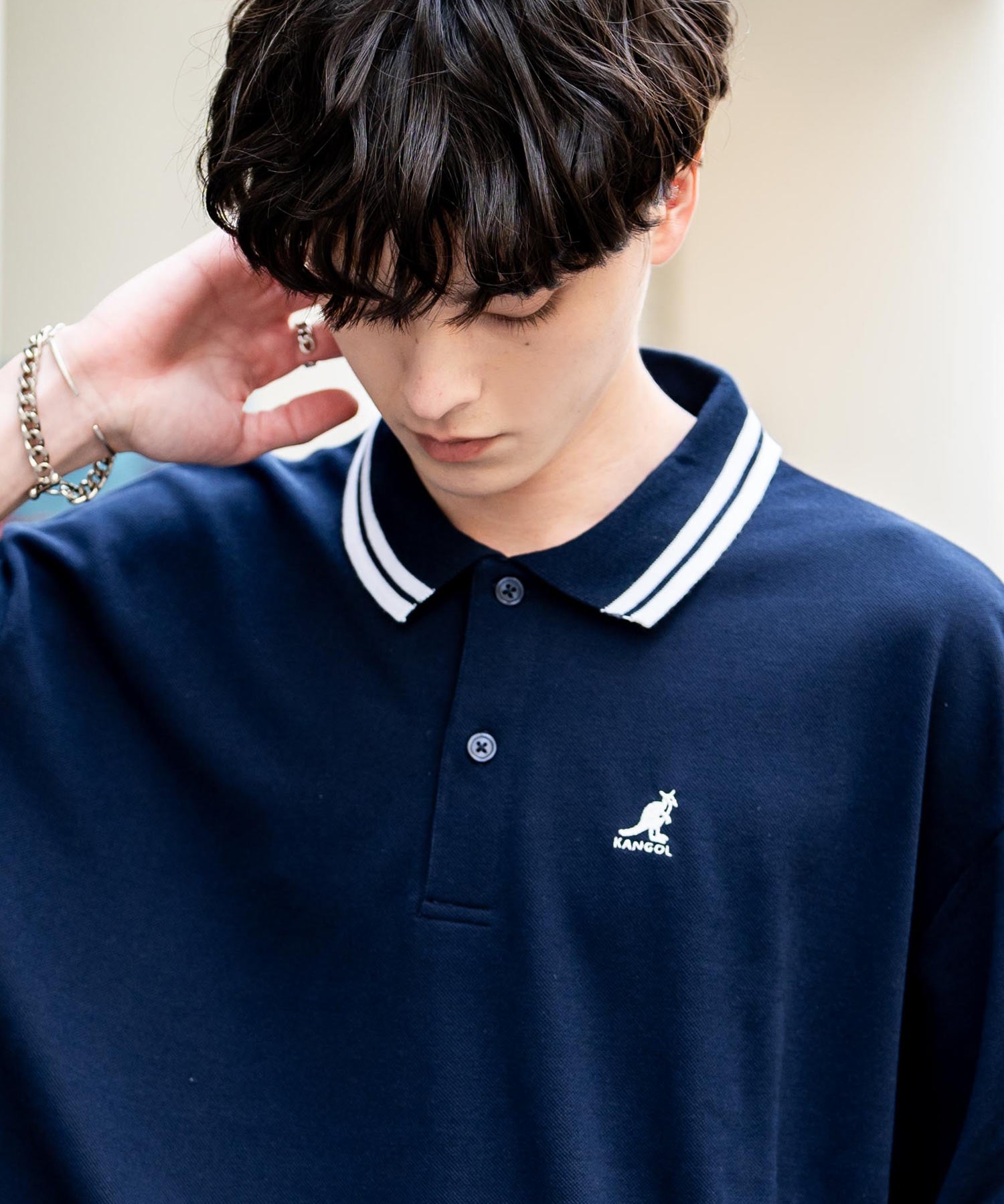 KANGOL カンゴール 別注コラボ 鹿の子クレリック/ラインリブ/ワンポイント刺繍オーバーサイズ半袖ポロシャツ