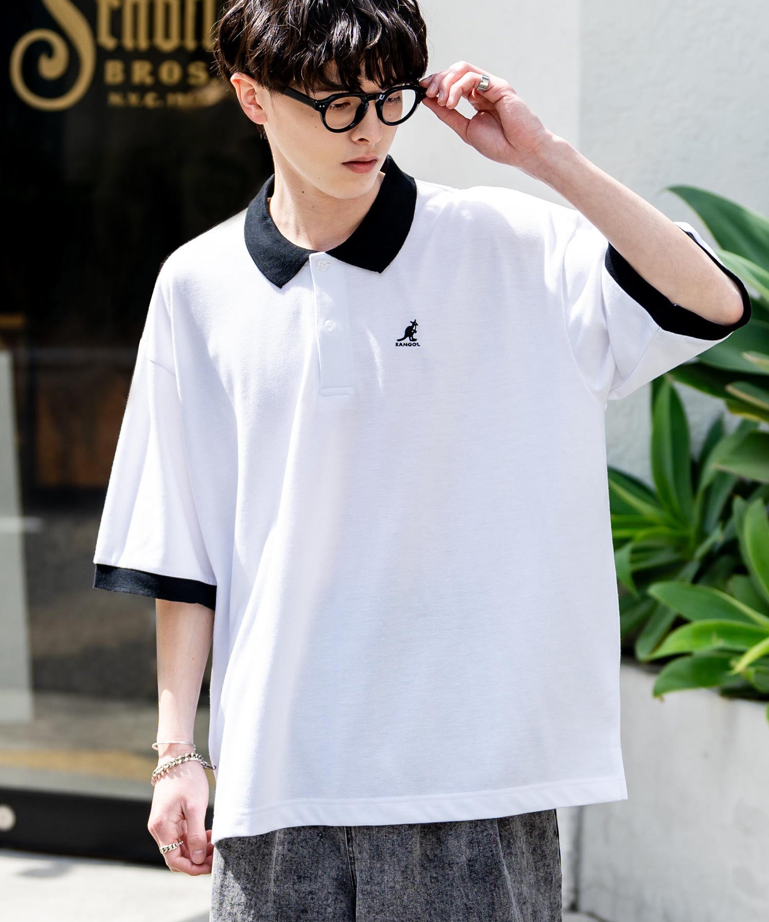KANGOL カンゴール 別注コラボ 鹿の子クレリック/ラインリブ/ワンポイント刺繍オーバーサイズ半袖ポロシャツ