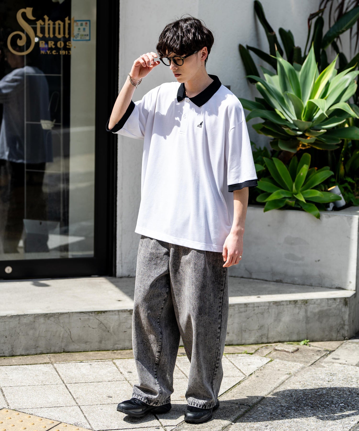 KANGOL カンゴール 別注コラボ 鹿の子クレリック/ラインリブ/ワンポイント刺繍オーバーサイズ半袖ポロシャツ