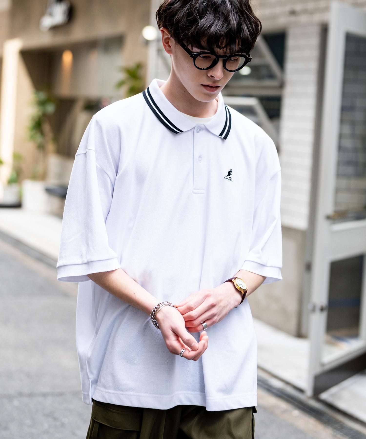 KANGOL カンゴール 別注コラボ 鹿の子クレリック/ラインリブ/ワンポイント刺繍オーバーサイズ半袖ポロシャツ