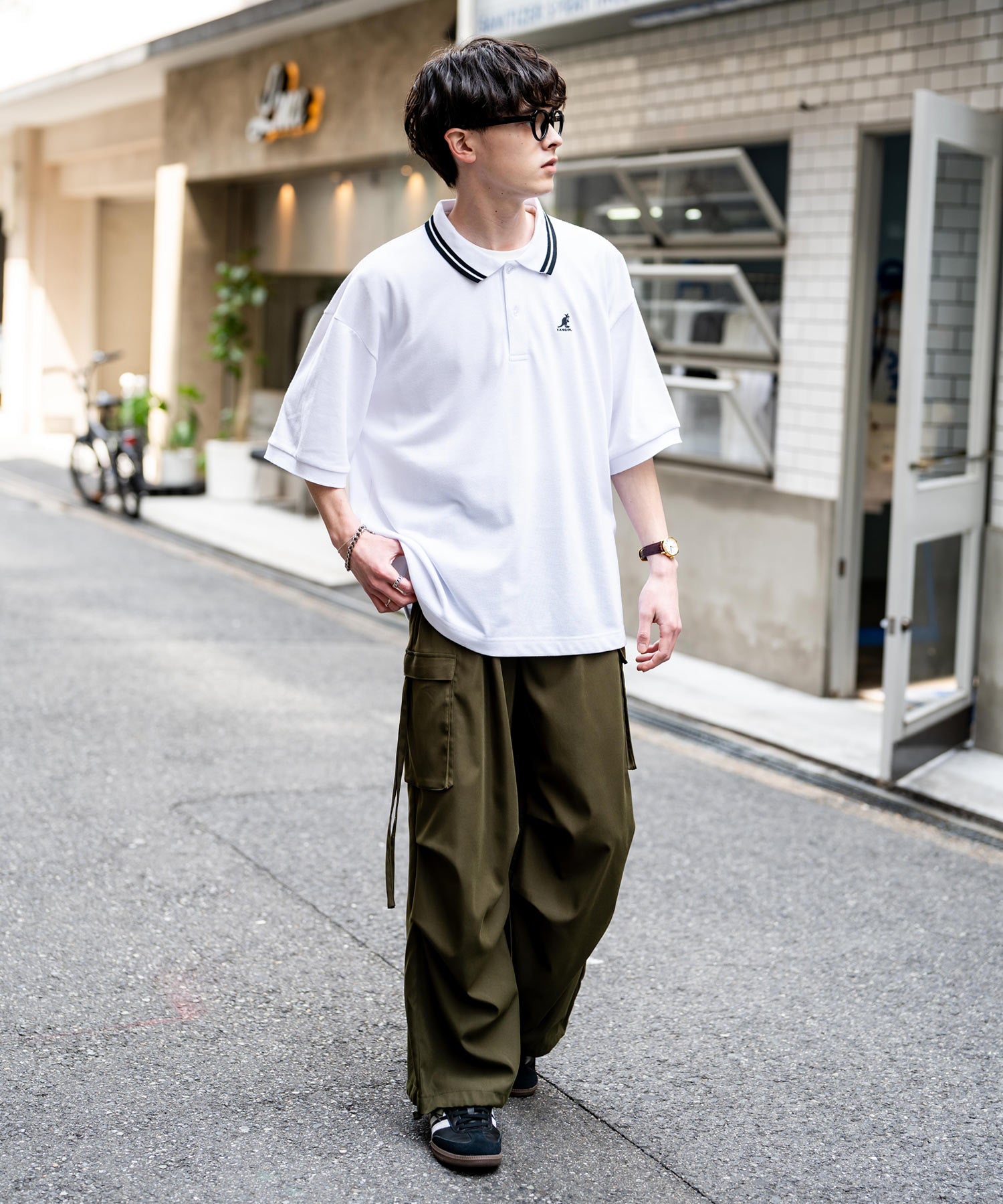 KANGOL カンゴール 別注コラボ 鹿の子クレリック/ラインリブ/ワンポイント刺繍オーバーサイズ半袖ポロシャツ