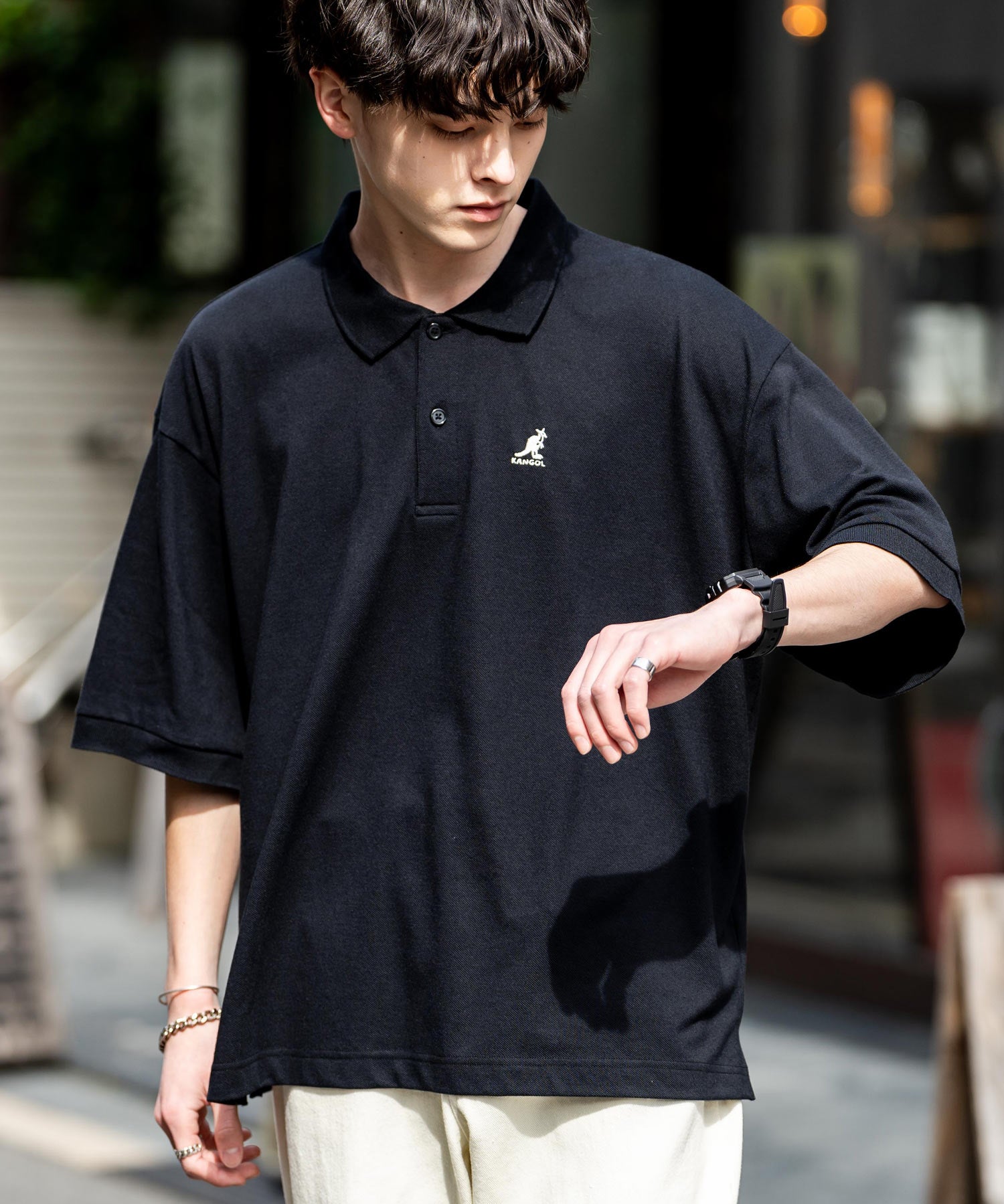 KANGOL カンゴール 別注コラボ 鹿の子クレリック/ラインリブ/ワンポイント刺繍オーバーサイズ半袖ポロシャツ