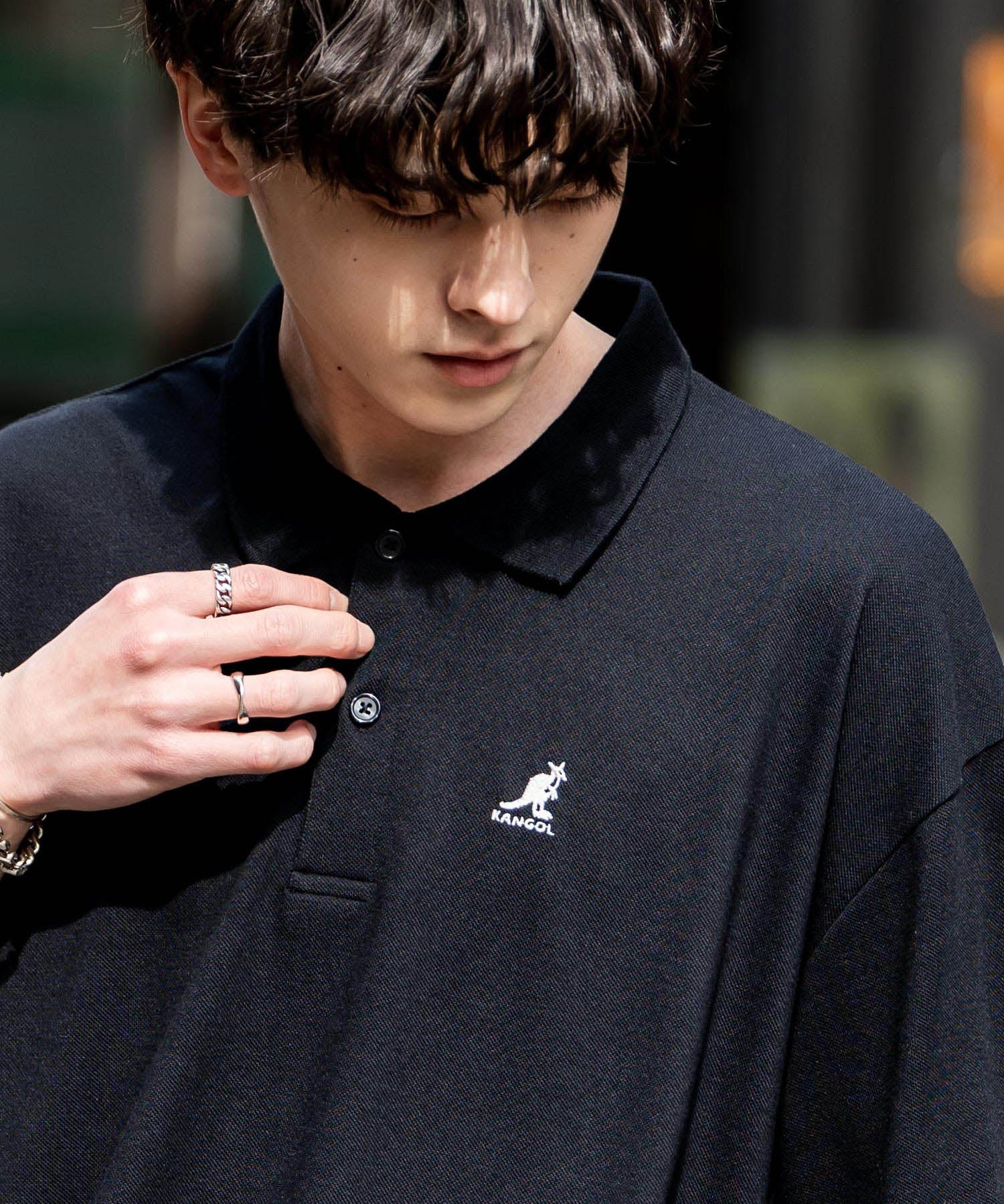 KANGOL カンゴール 別注コラボ 鹿の子クレリック/ラインリブ/ワンポイント刺繍オーバーサイズ半袖ポロシャツ