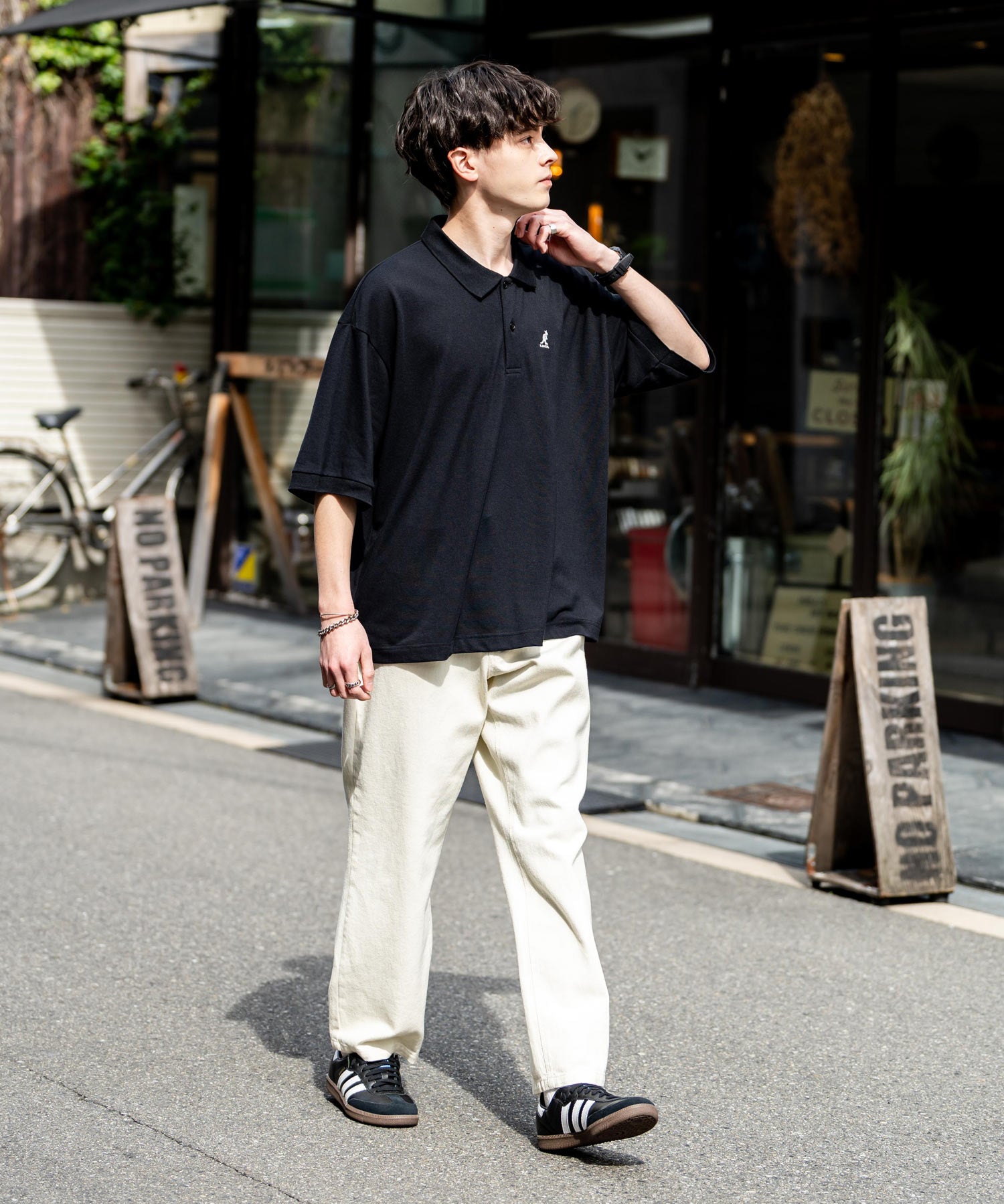 KANGOL カンゴール 別注コラボ 鹿の子クレリック/ラインリブ/ワンポイント刺繍オーバーサイズ半袖ポロシャツ