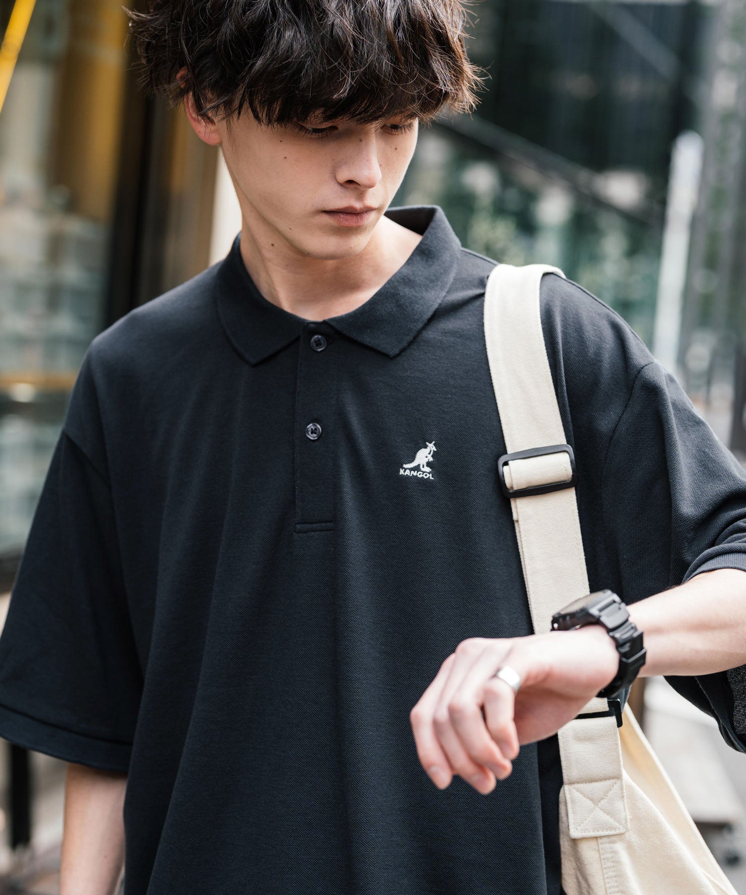 KANGOL カンゴール 別注コラボ 鹿の子クレリック/ラインリブ/ワンポイント刺繍オーバーサイズ半袖ポロシャツ