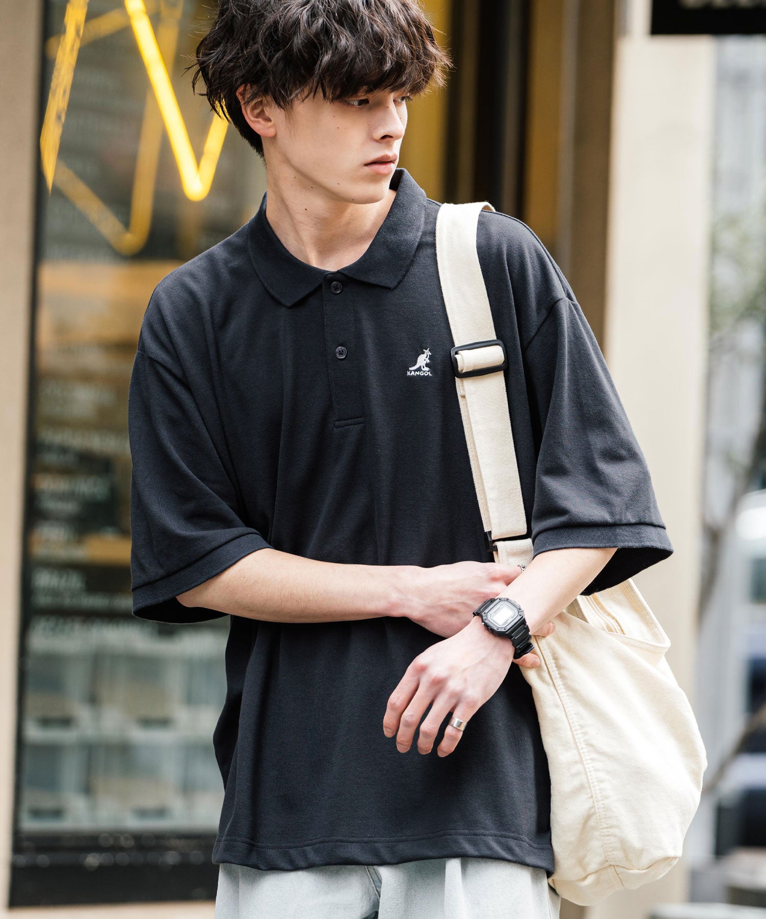 KANGOL カンゴール 別注コラボ 鹿の子クレリック/ラインリブ/ワンポイント刺繍オーバーサイズ半袖ポロシャツ