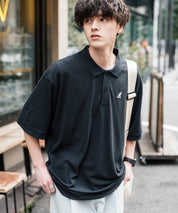 KANGOL カンゴール 別注コラボ 鹿の子クレリック/ラインリブ/ワンポイント刺繍オーバーサイズ半袖ポロシャツ