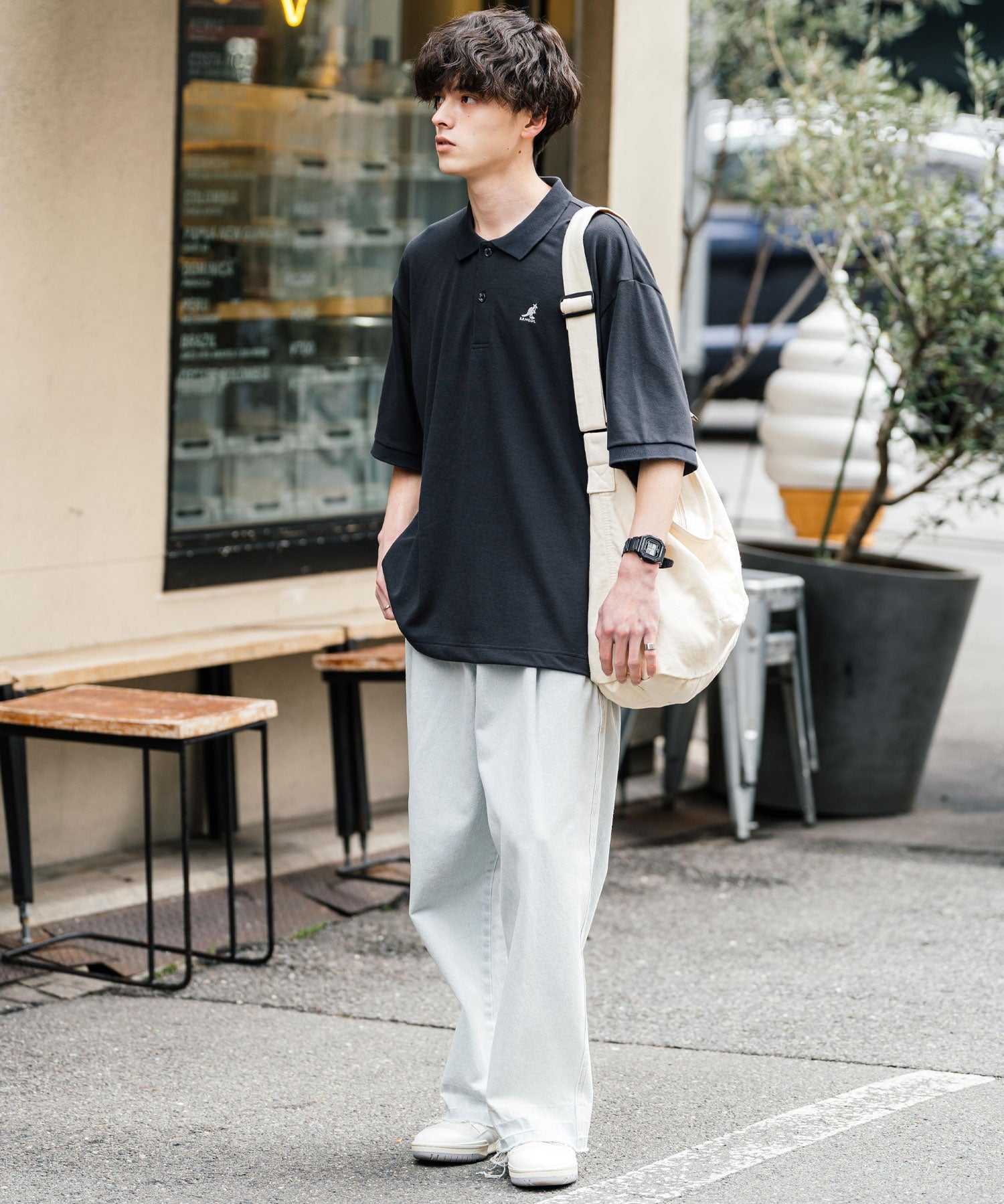 KANGOL カンゴール 別注コラボ 鹿の子クレリック/ラインリブ/ワンポイント刺繍オーバーサイズ半袖ポロシャツ